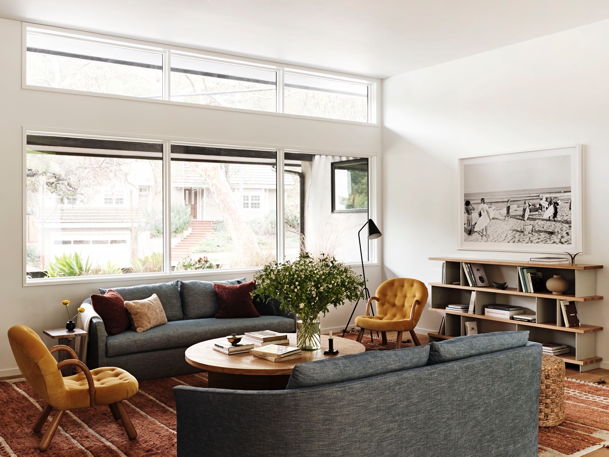 10. Ground Denim Sofas With a Rust Orange Rug