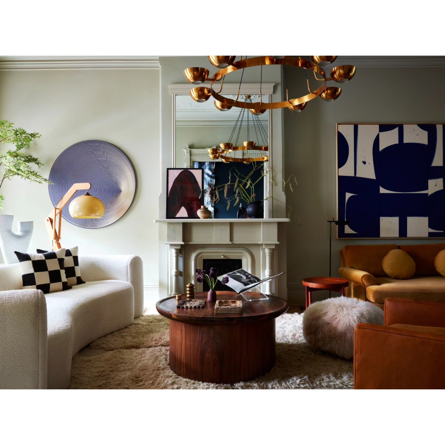 18. Pair Burnt Orange Seating With Oversized Blue Art