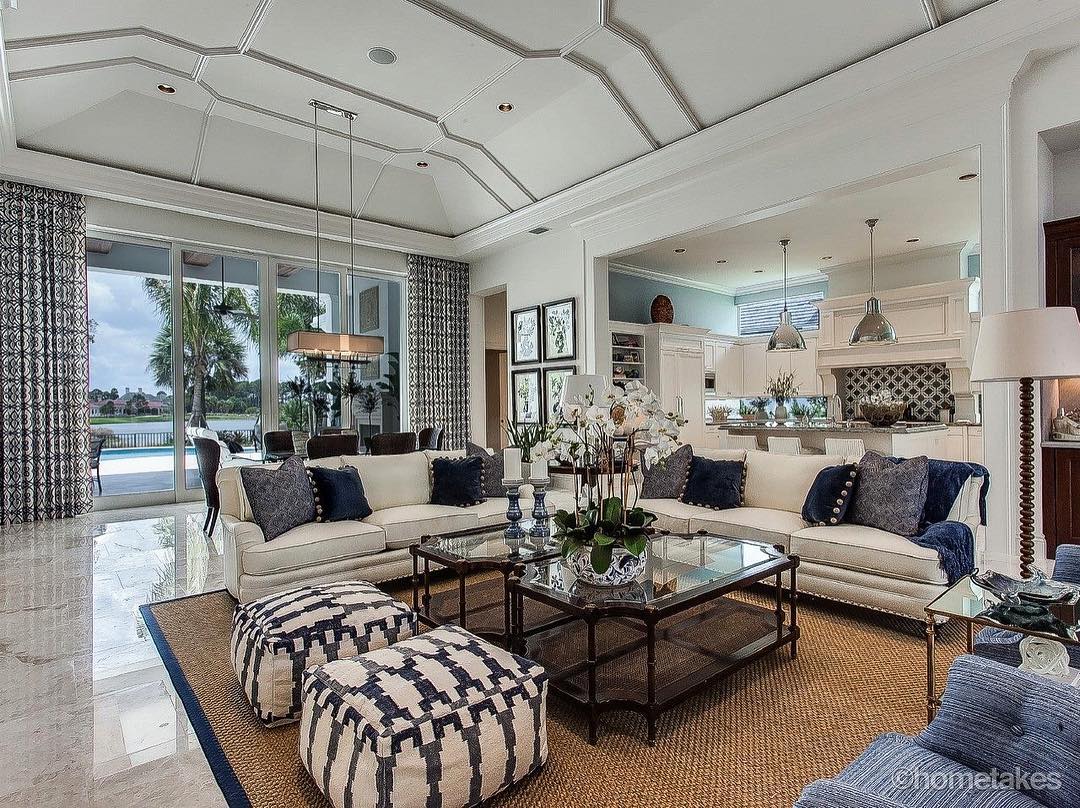 3. Use Navy Patterns to Define a White Seating Group