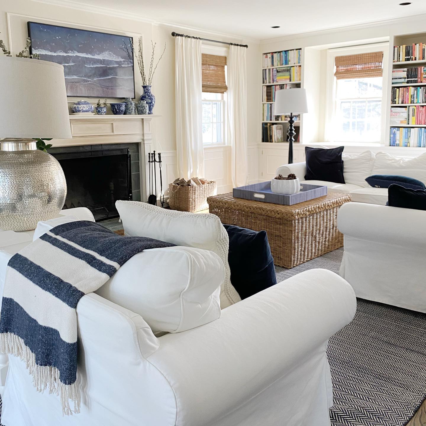 8. Warm White Slipcovers With Woven Accents