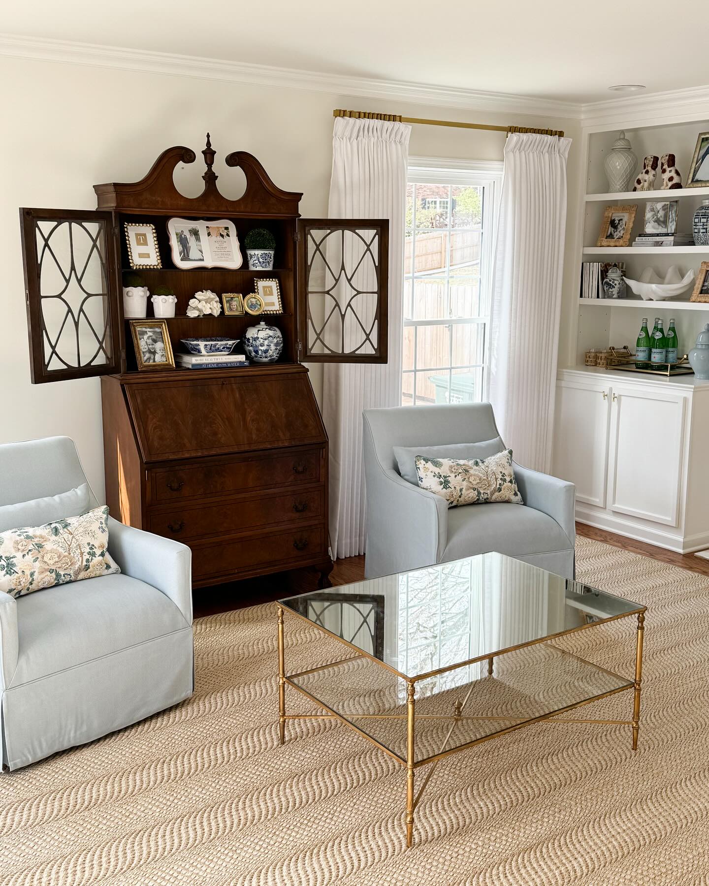 13. Set Pale Blue Chairs Beside a Dark Wood Secretary