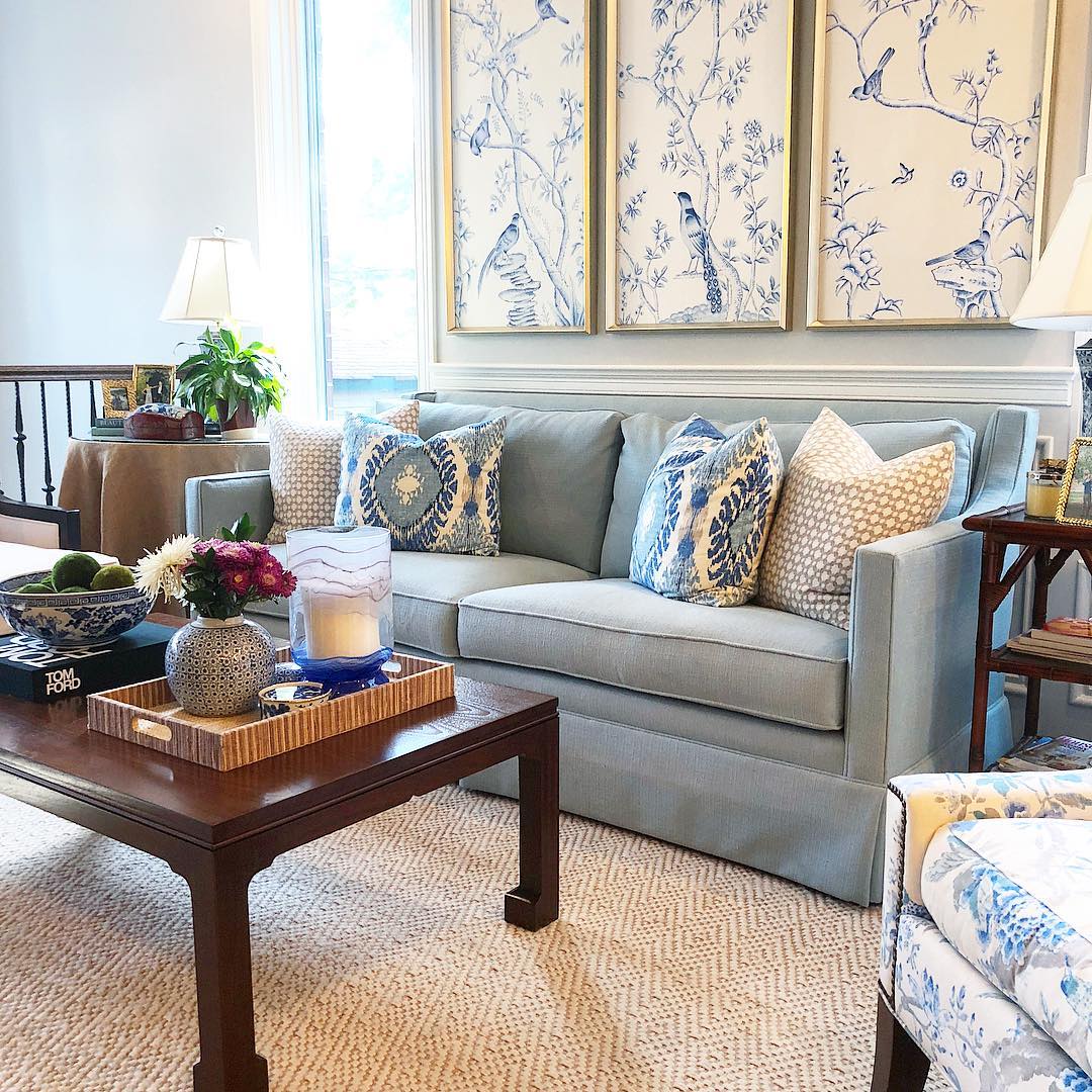 18. Hang a Blue and White Triptych Above the Sofa