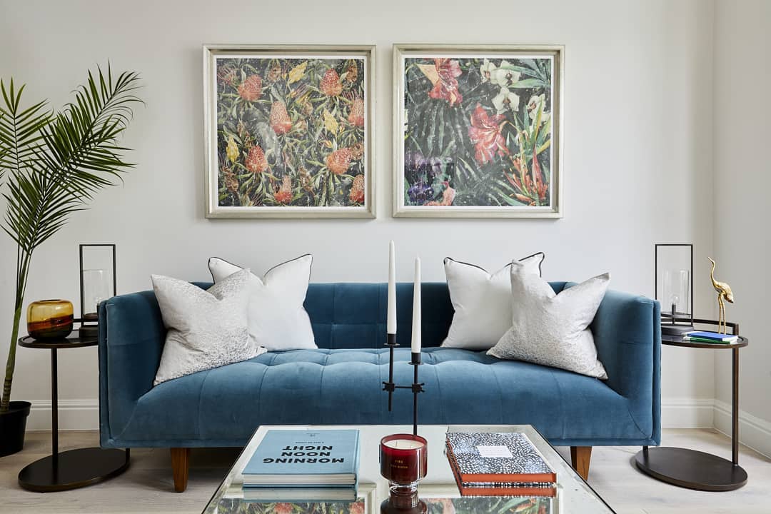 7. Pair a Blue Sofa with Botanical Prints