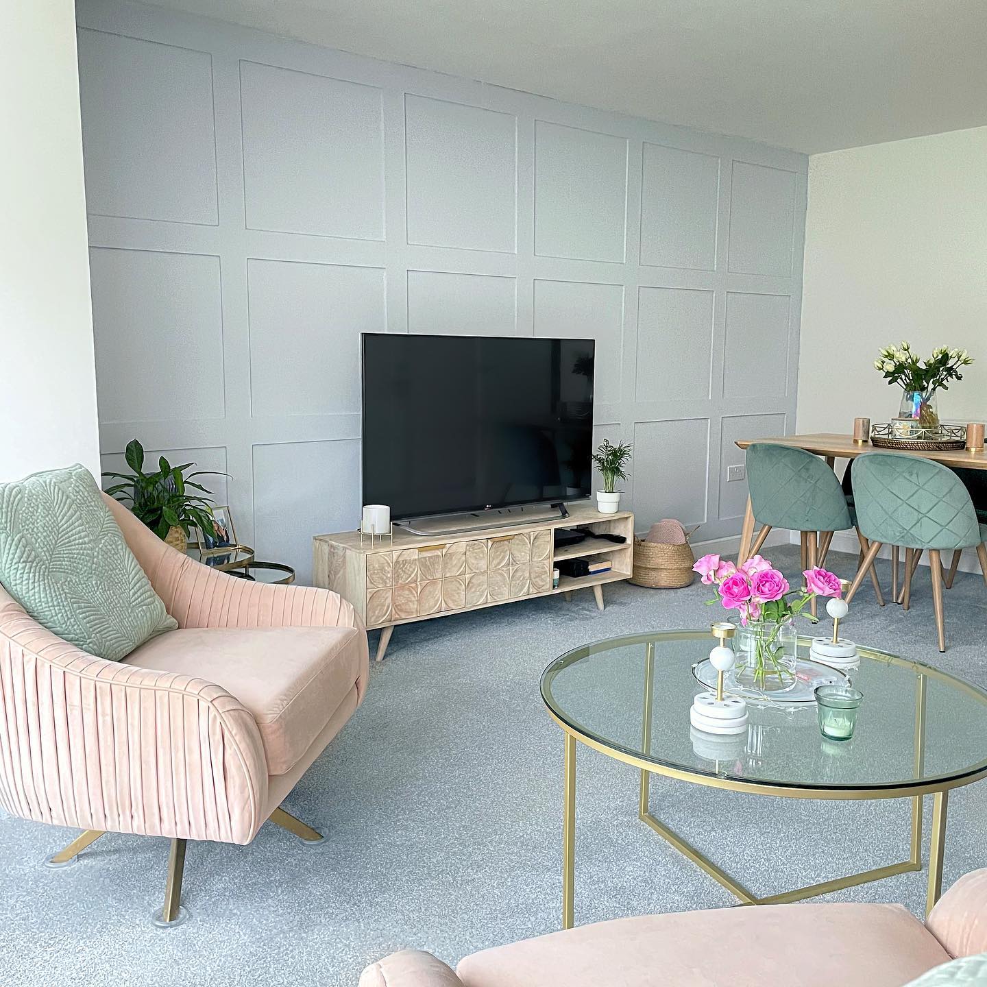 12. Use Pale Blue Paneling with Blush Seating