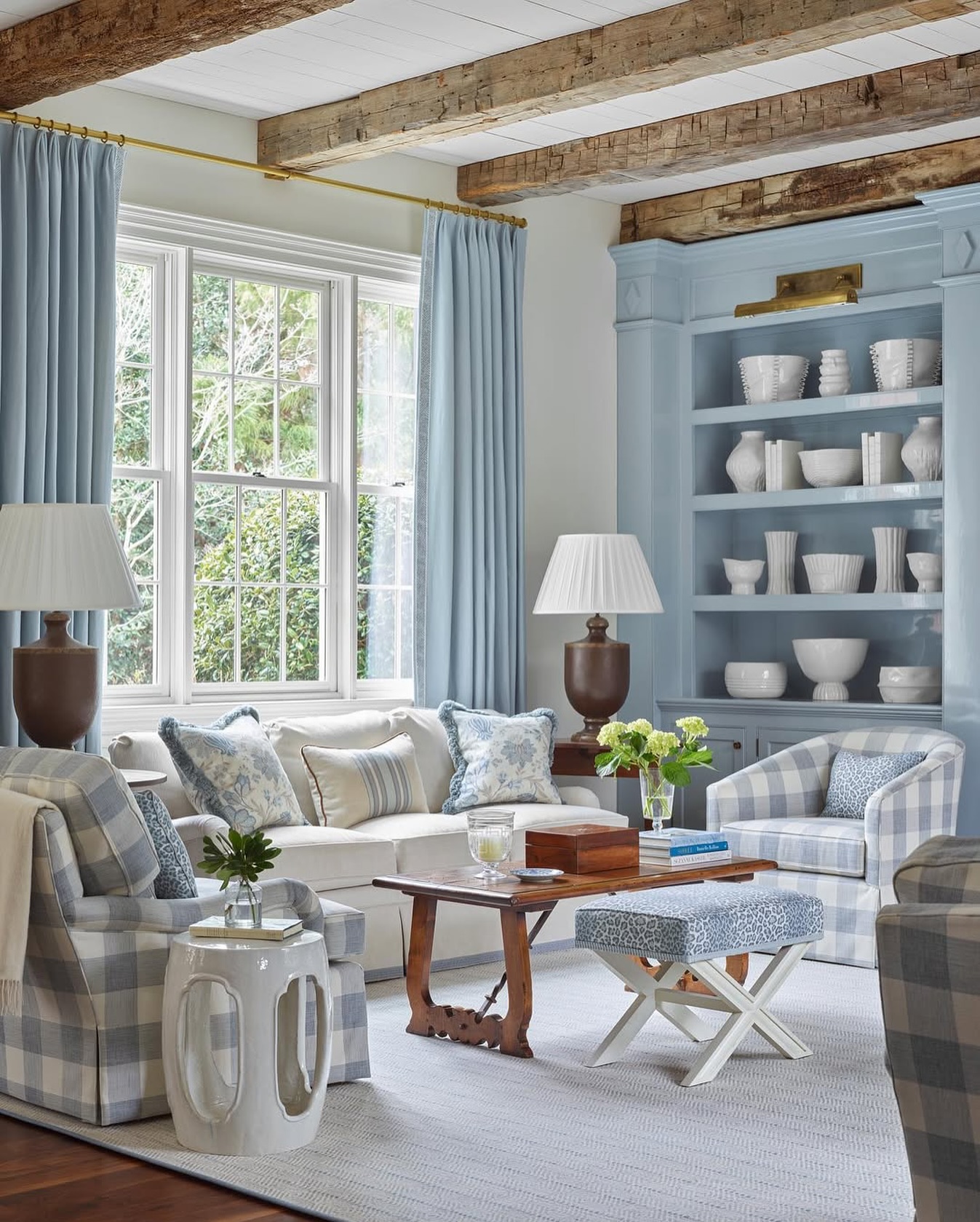 13. Combine Blue Shelves with Checks and White Pottery