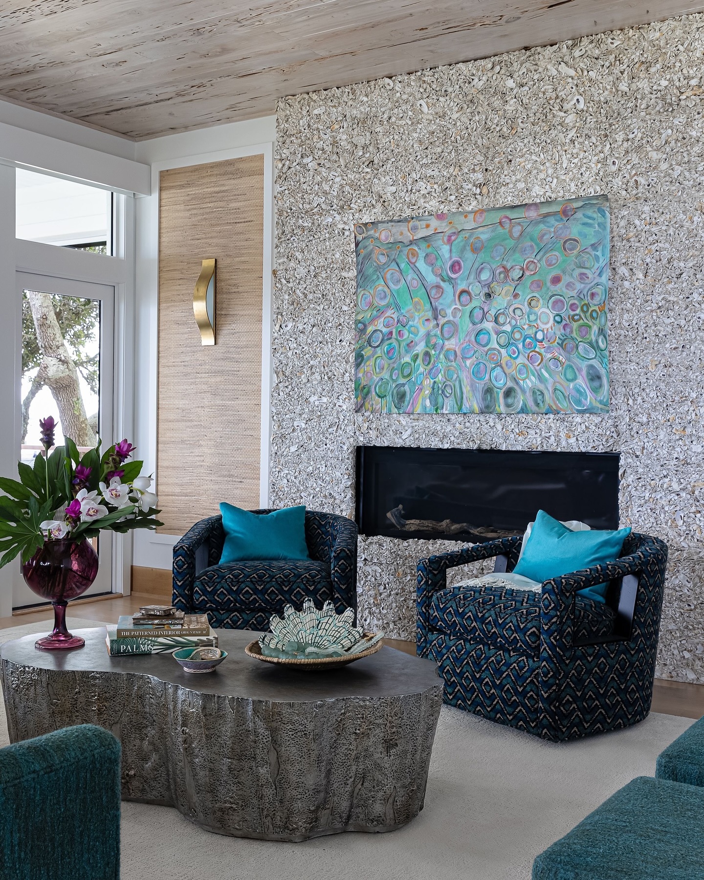 14. Set Blue Patterned Chairs Against Natural Texture
