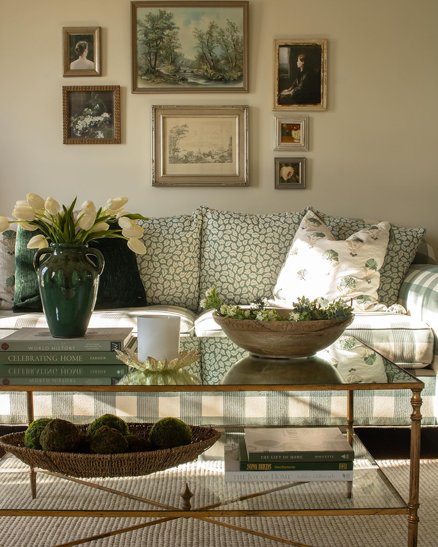 6. Mix a Mirrored Table With Collected Green Textiles