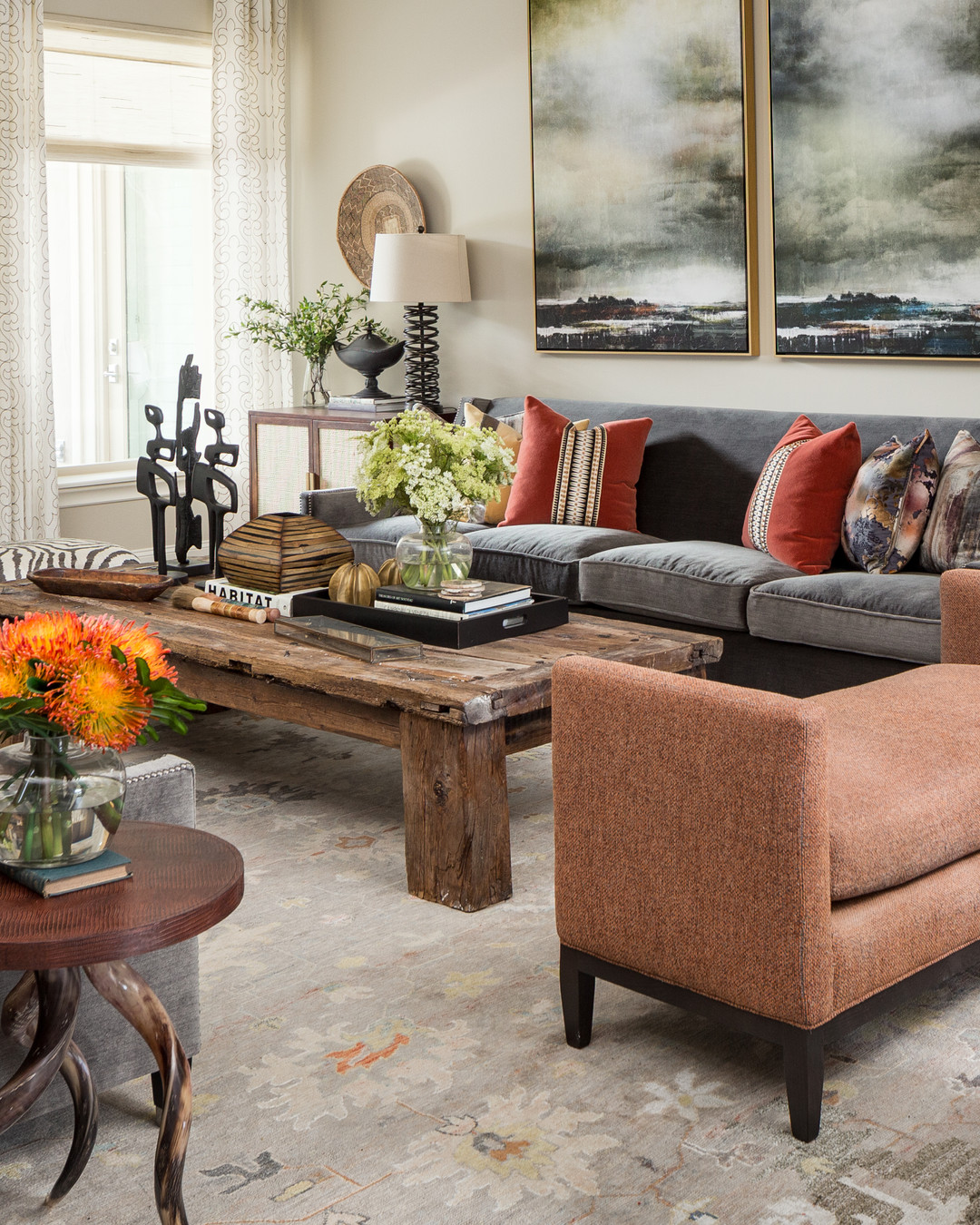 18. Temper Rustic Wood With Gold Frames and Plush Seating