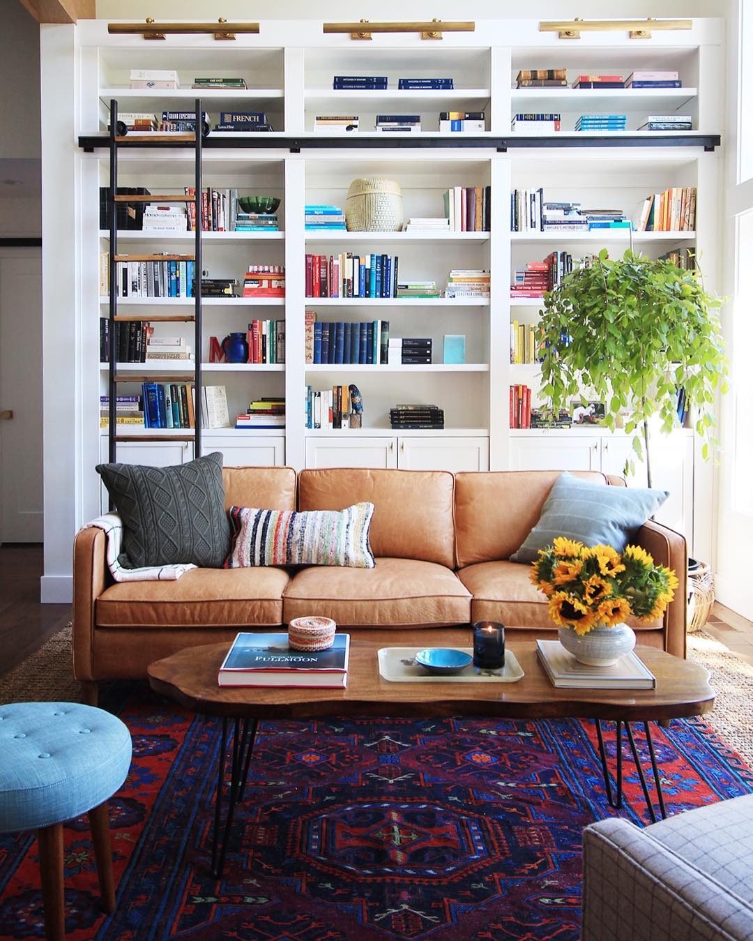 2. Pair Camel Leather With a Colorful Kilim