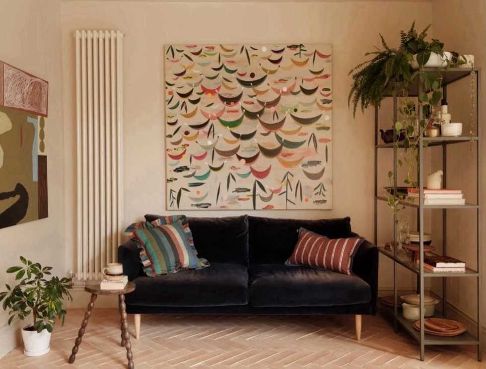 8. Ground a Blue Loveseat With Herringbone Flooring