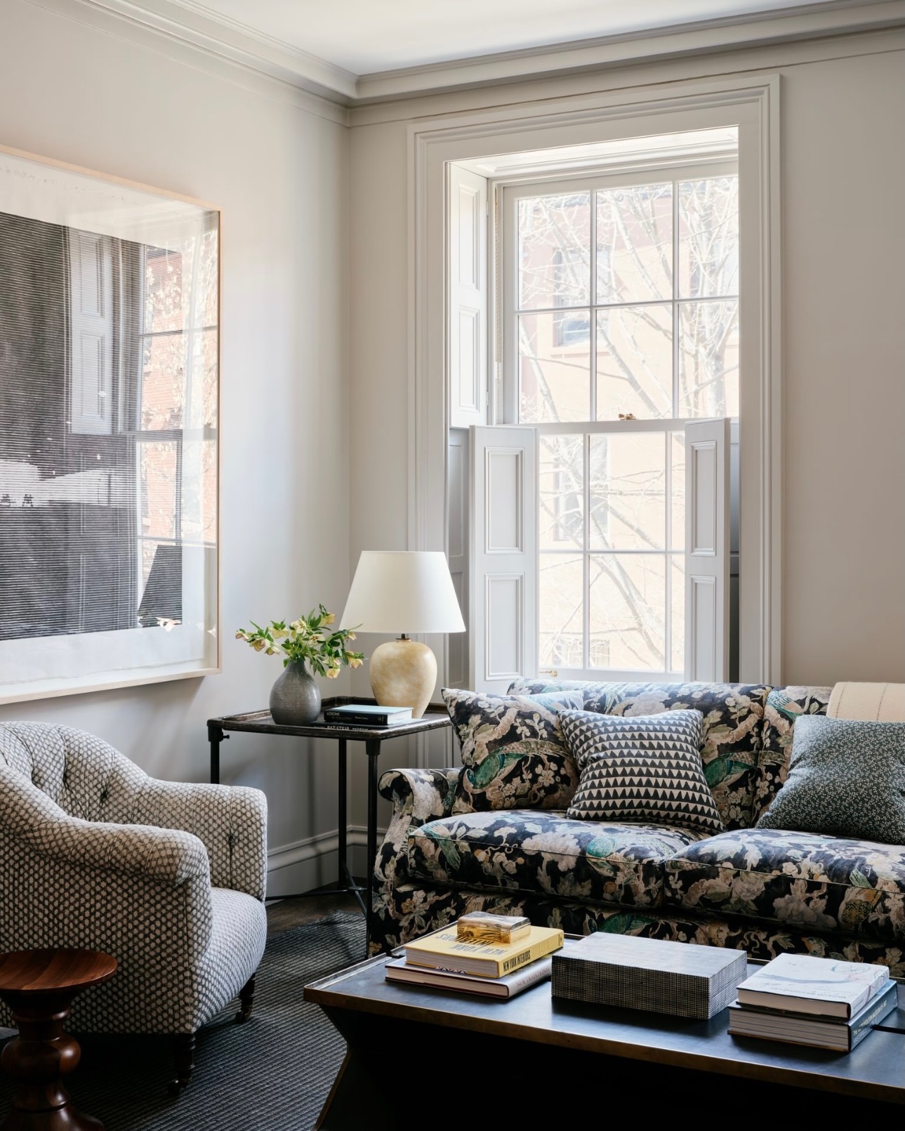 17. Set Blue Floral Upholstery Beside Dark Wood