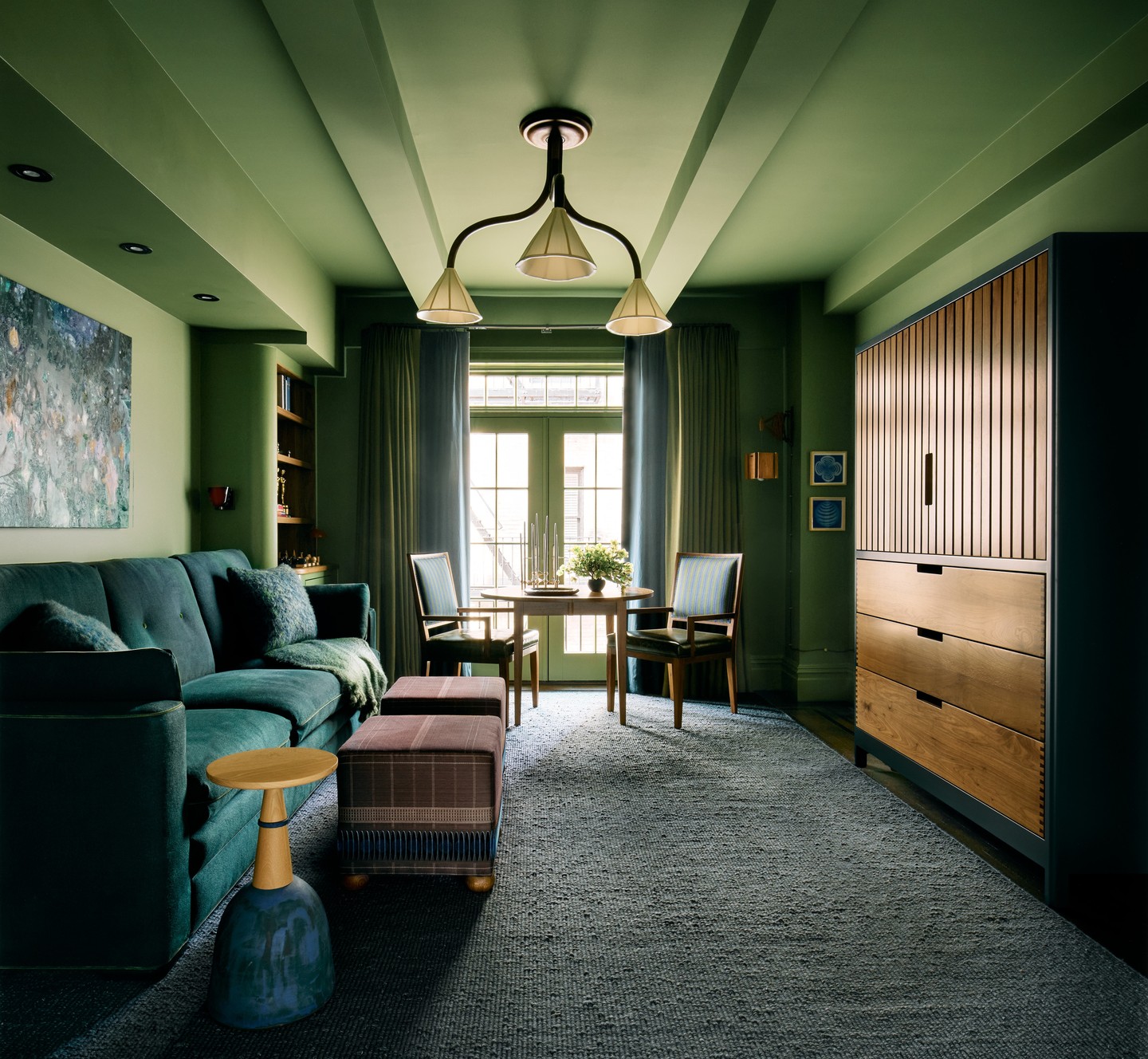 19. Mix Wooden Storage With Teal Blue Seating