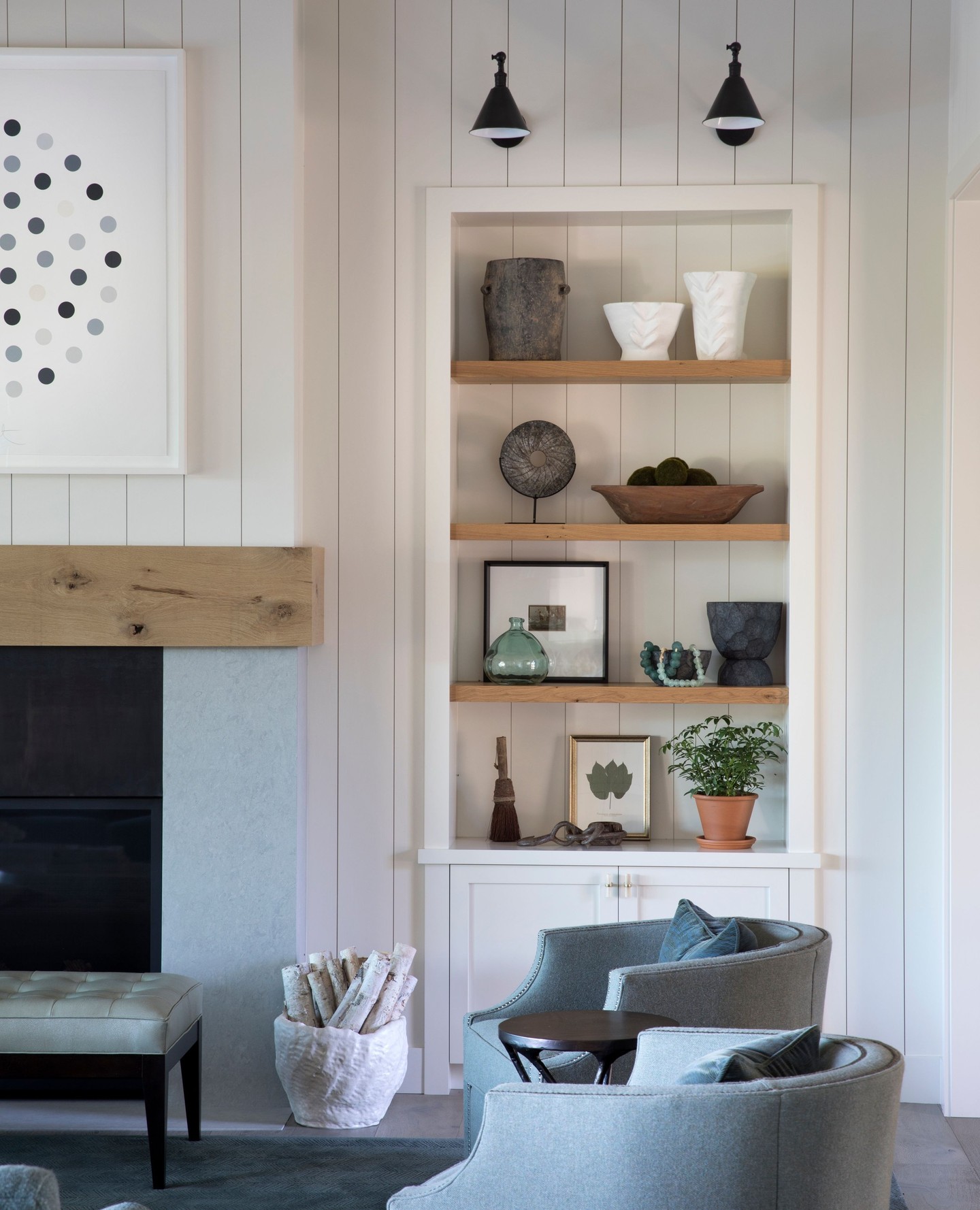 2. Warm White Built-Ins With Wood Shelves