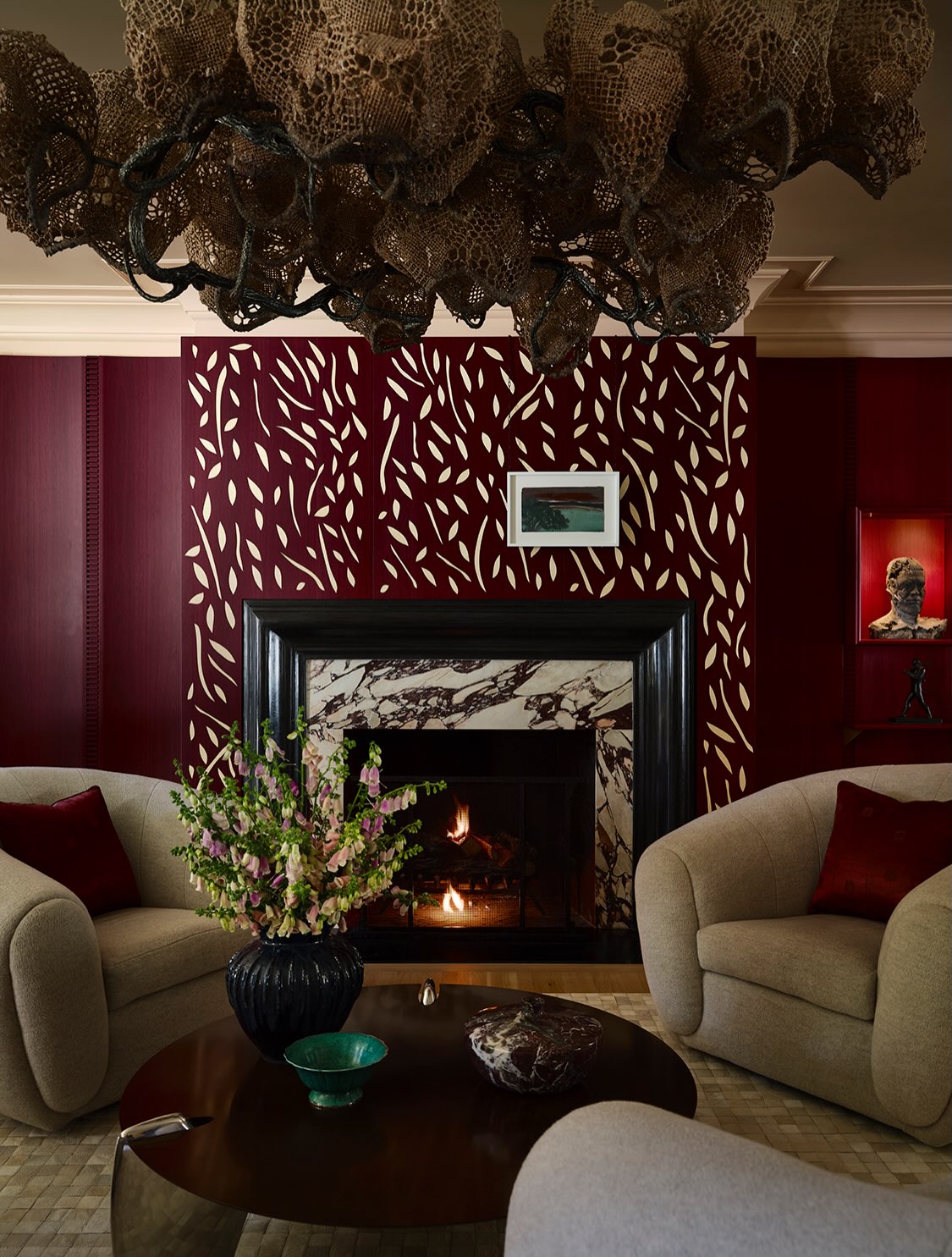 6. Make a Patterned Fireplace the Burgundy Focal Point
