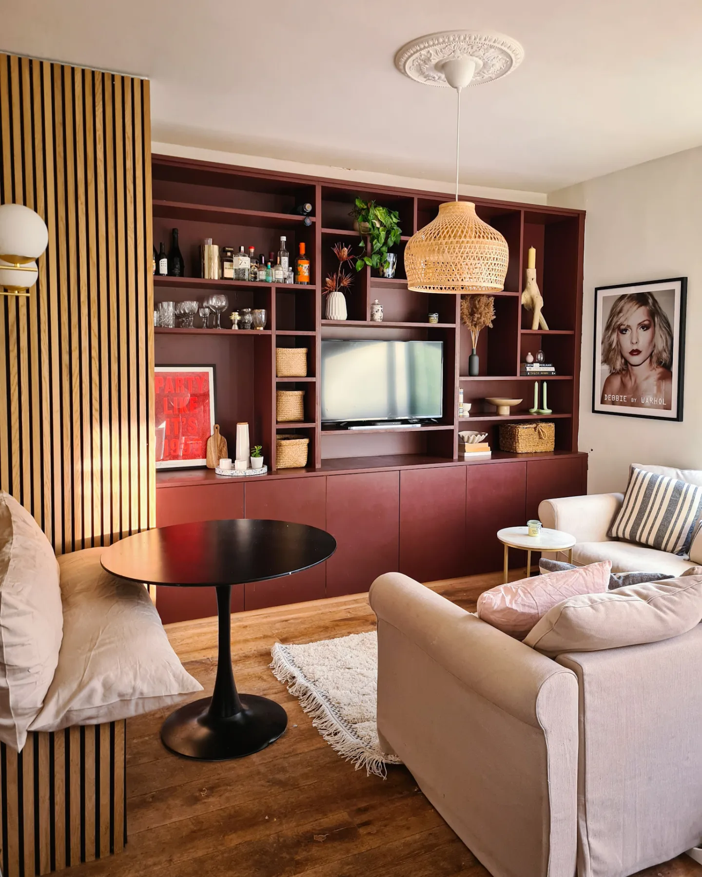 15. Turn Burgundy Shelving into a Compact Media Wall