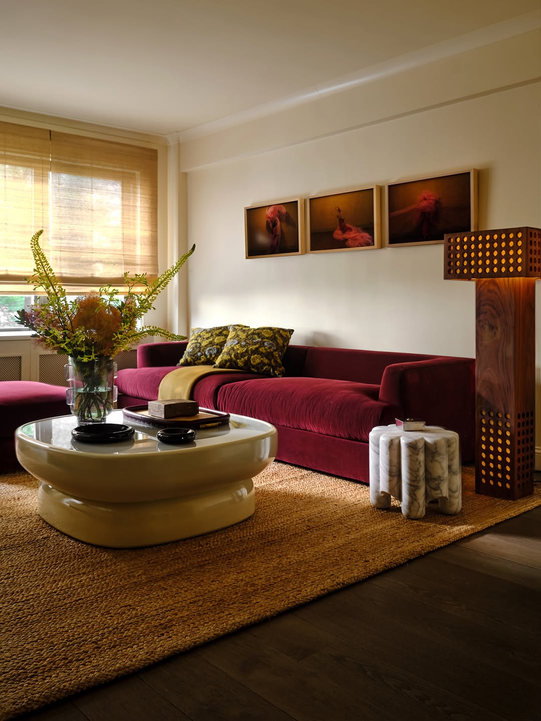 17. Pair Deep Berry Seating with Mustard Accents