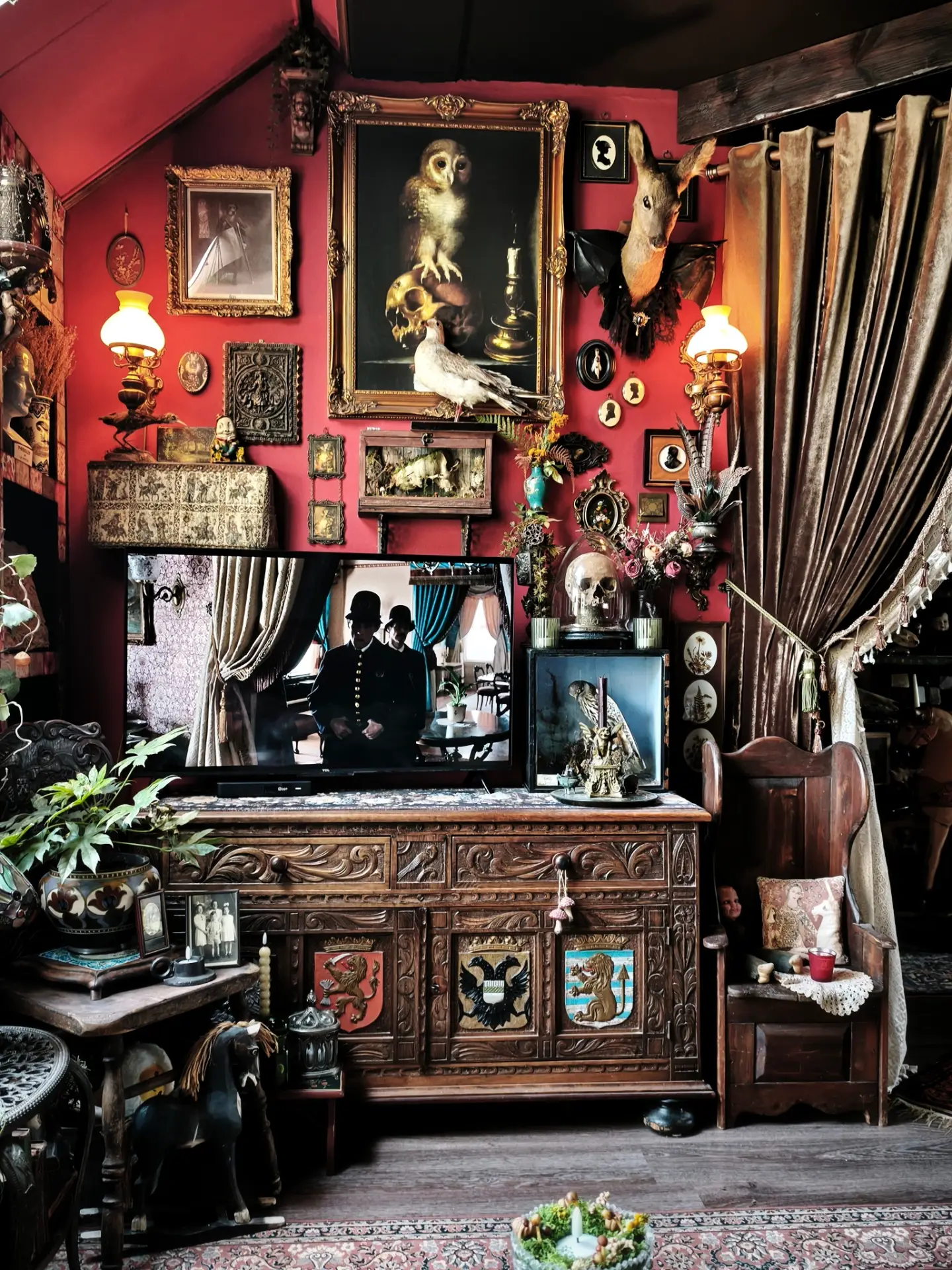 20. Layer Gilded Art Against Deep Berry Walls