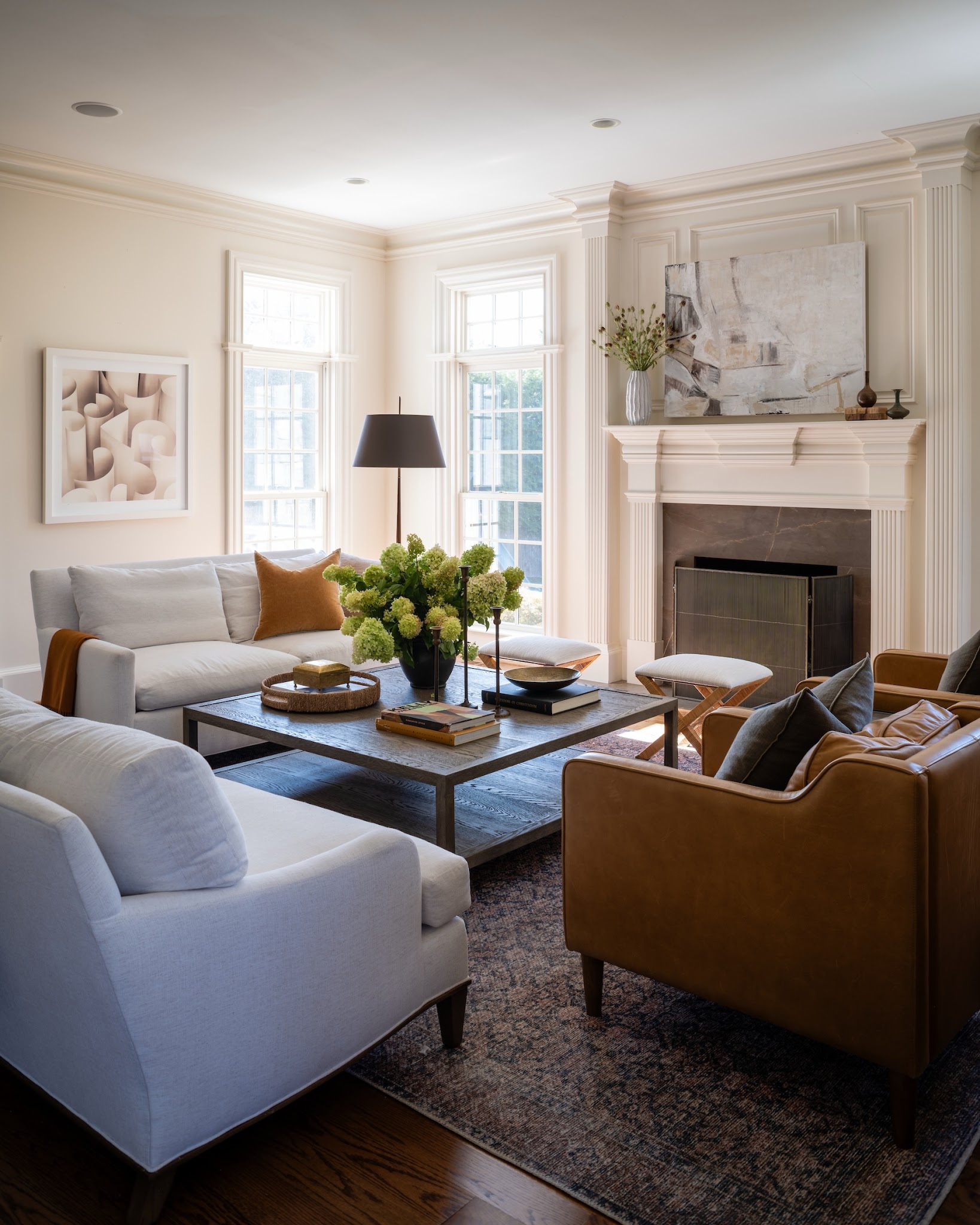 2. Warm Pale Seating With Caramel Accents