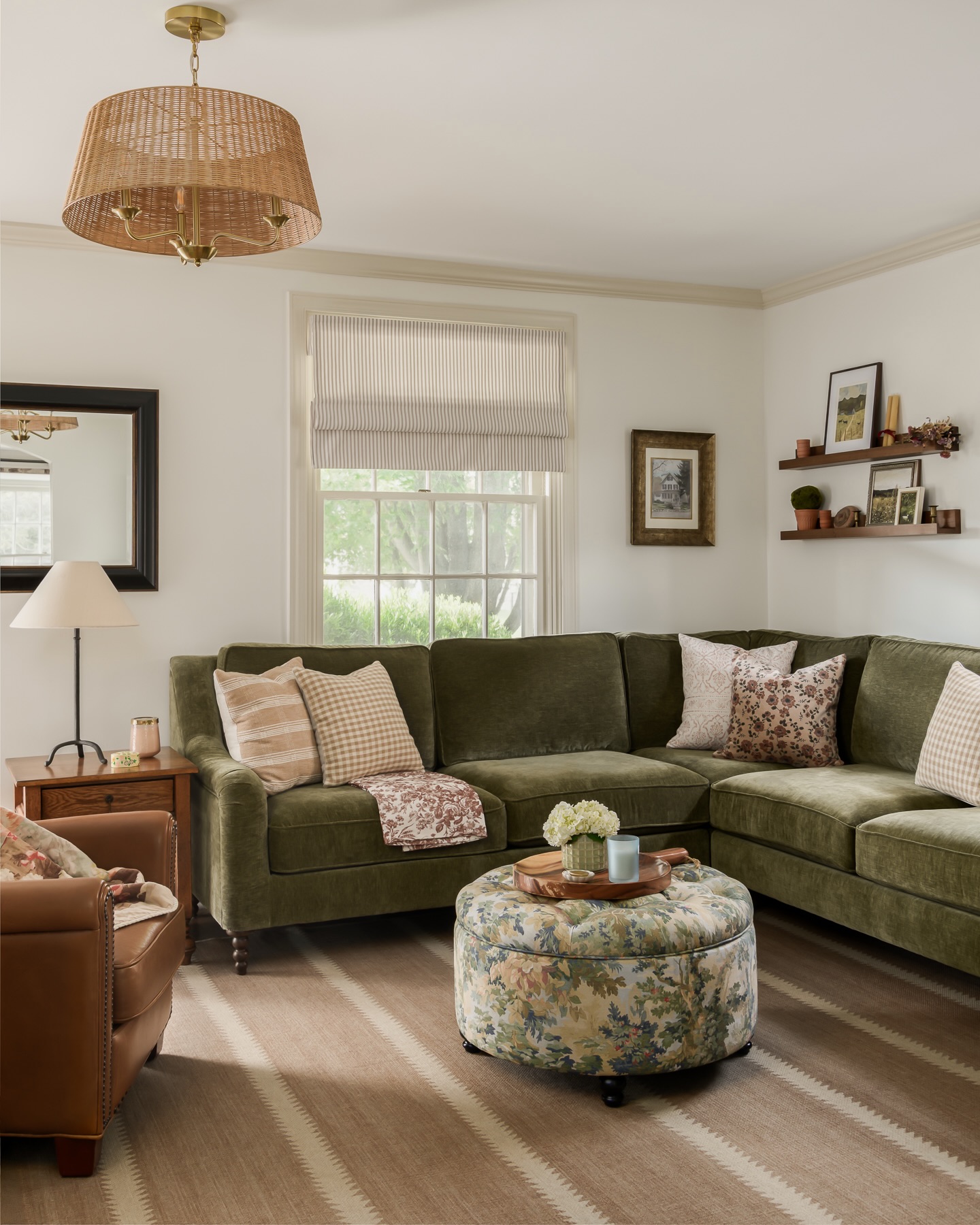 10. Pair an Olive Sectional With a Floral Ottoman