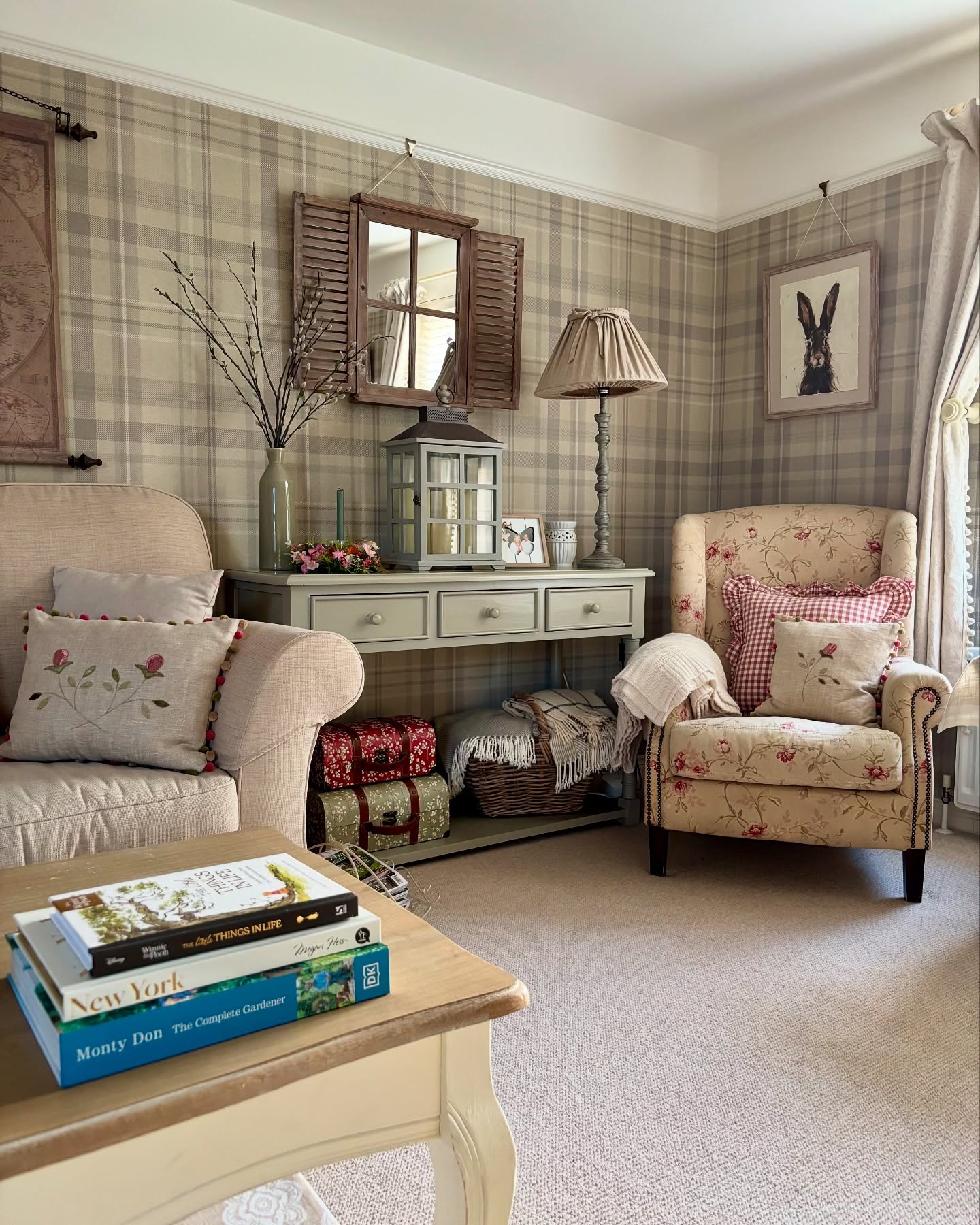 16. Plaid Wallpaper with a Floral Armchair