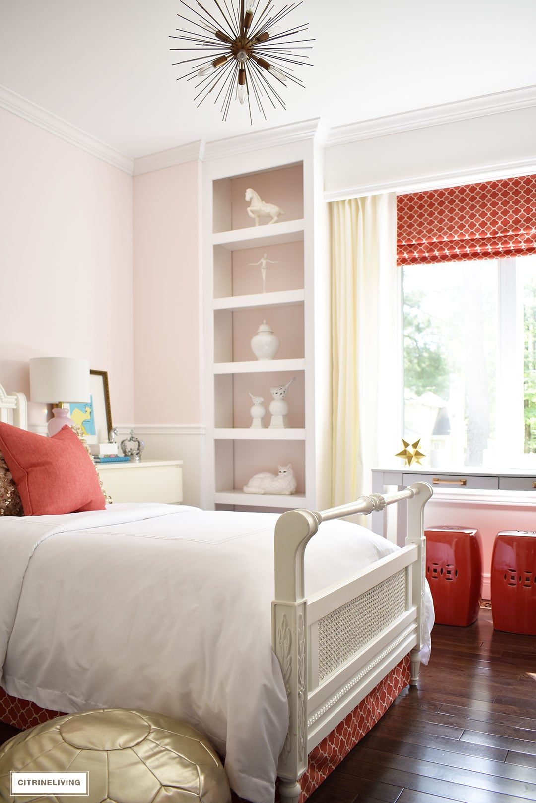 4. Brighten Blush Walls With a Few Coral Accents