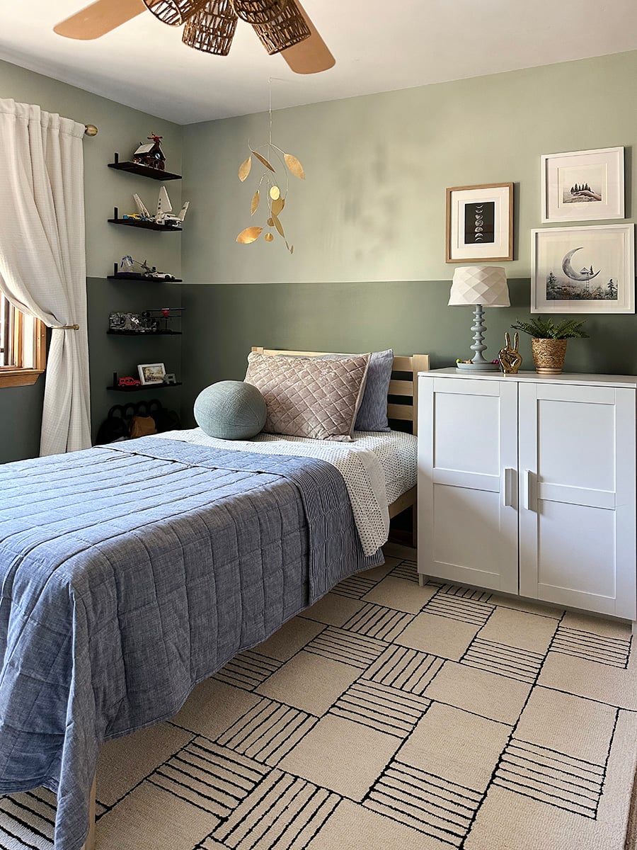 5. Pair Dusty Blue Bedding With Two Green Wall Tones