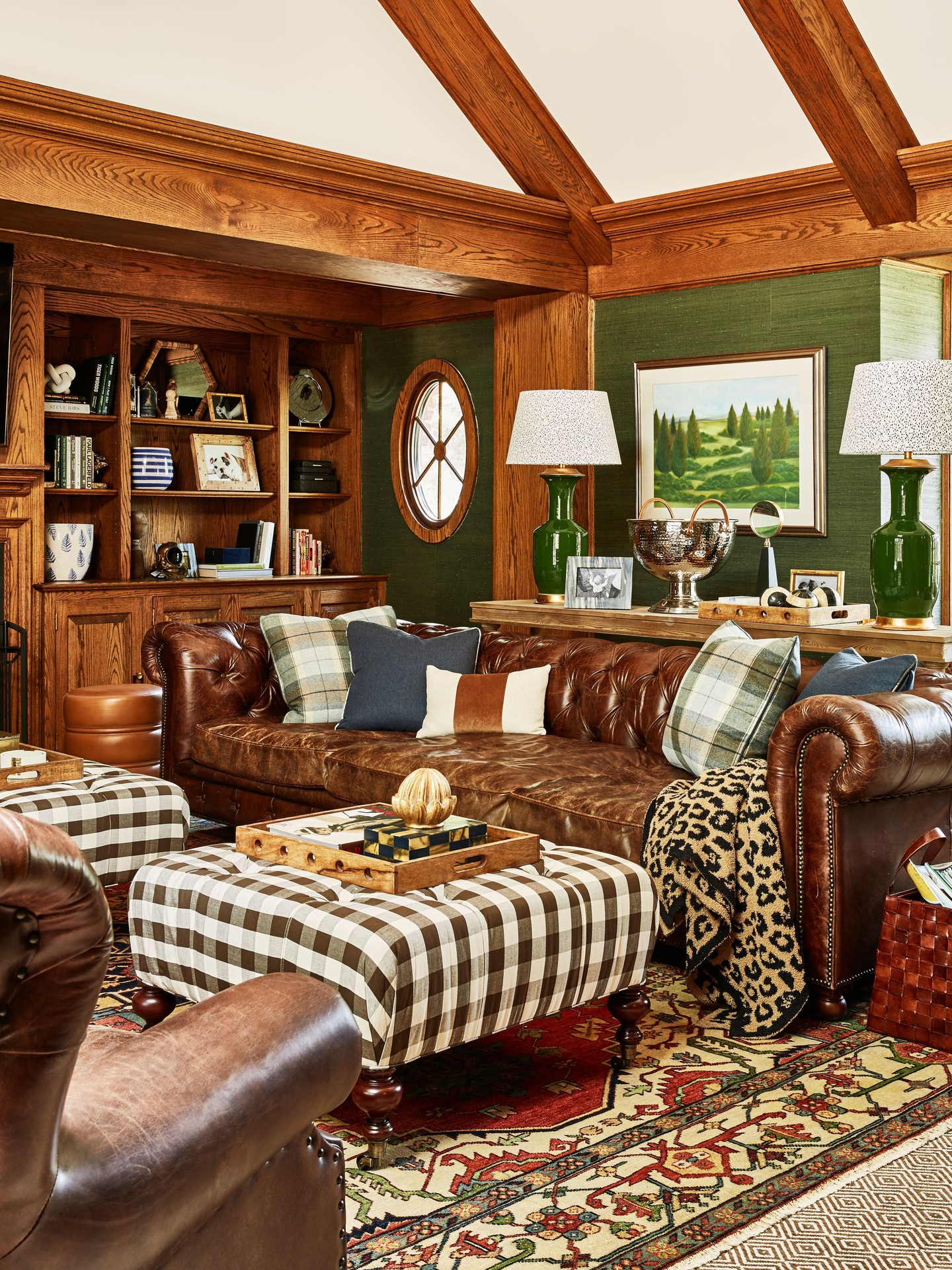 3. Layer Plaid and Green Around Brown Leather