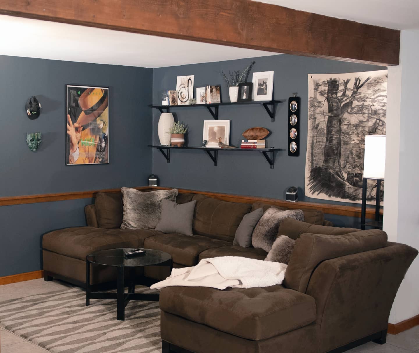 4. Set a Brown Sectional Against Blue Gray Walls