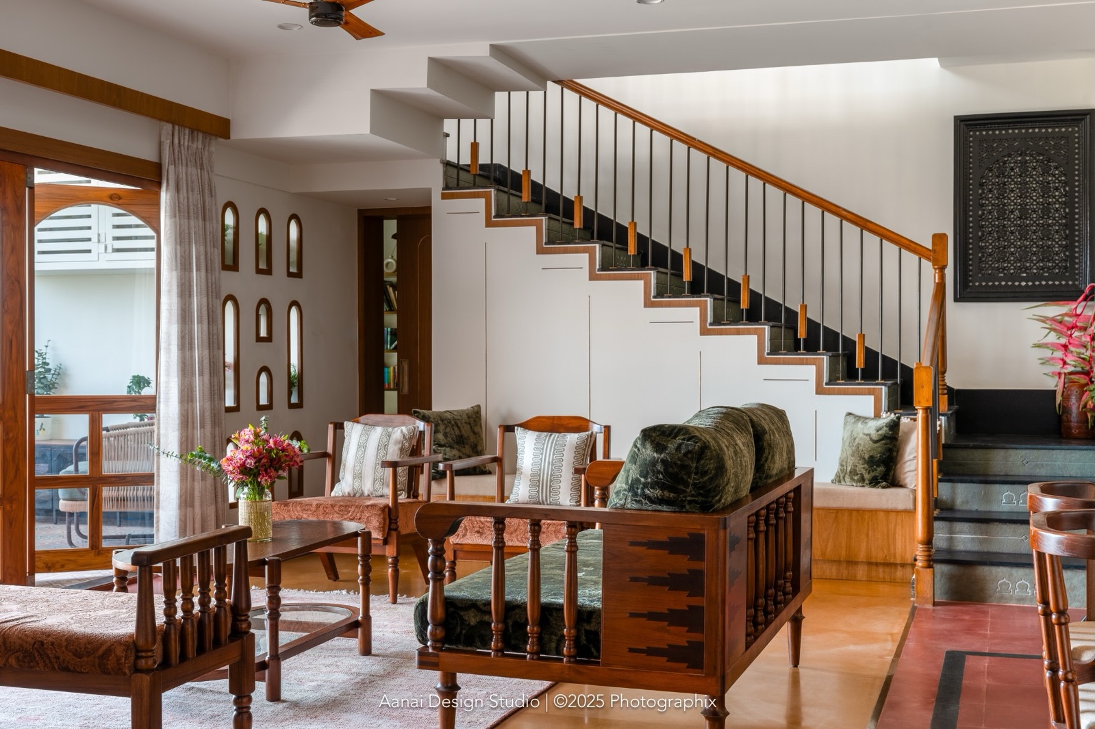 4. Pair Warm Wood Frames With Moss and Terracotta Upholstery