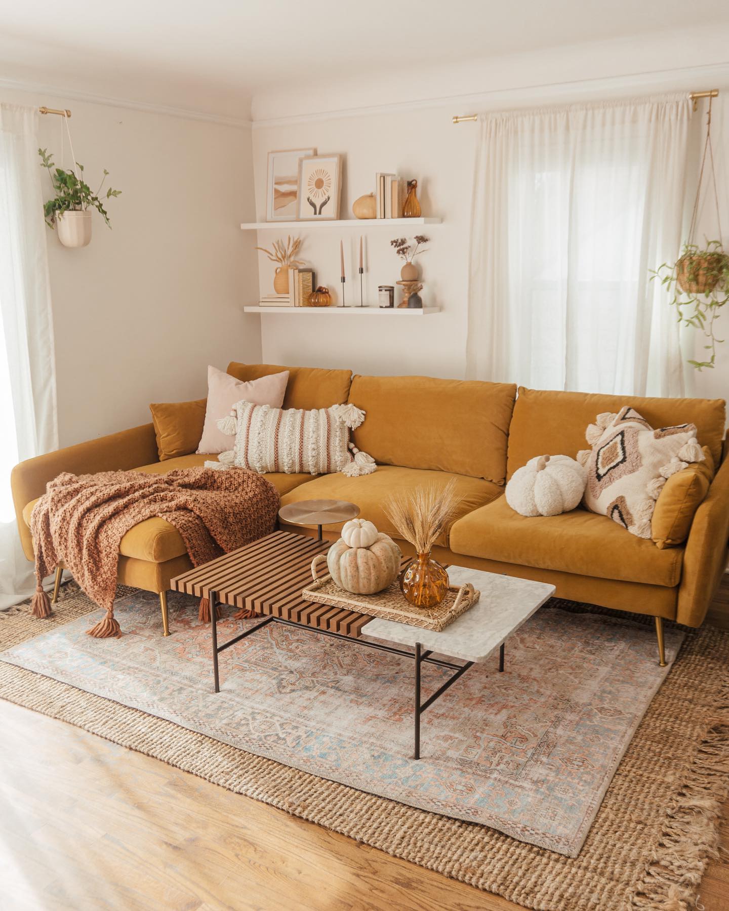 5. Build an Earthy Room Around a Golden Sofa