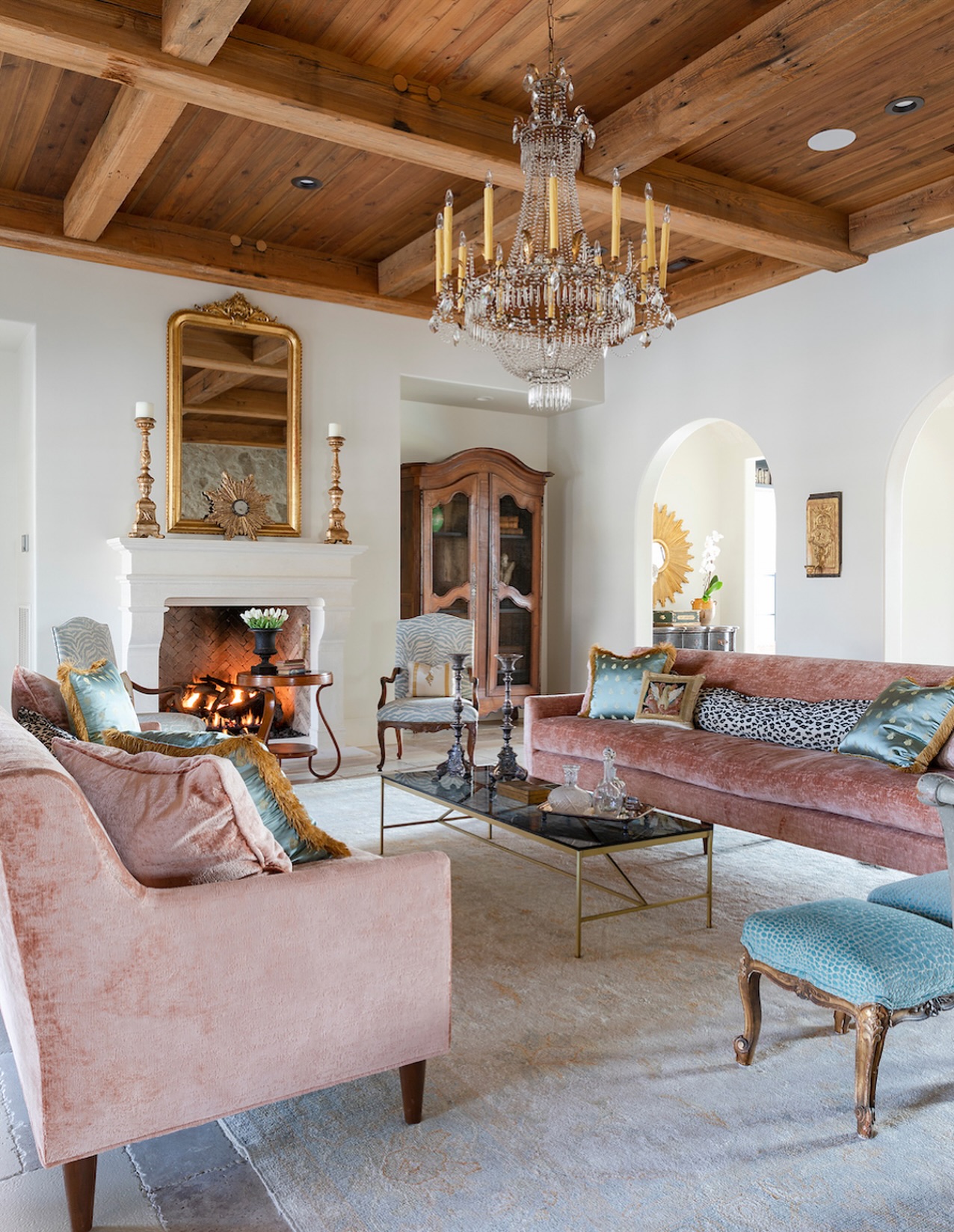 16. Introduce Rose Upholstery Under a Timber Ceiling