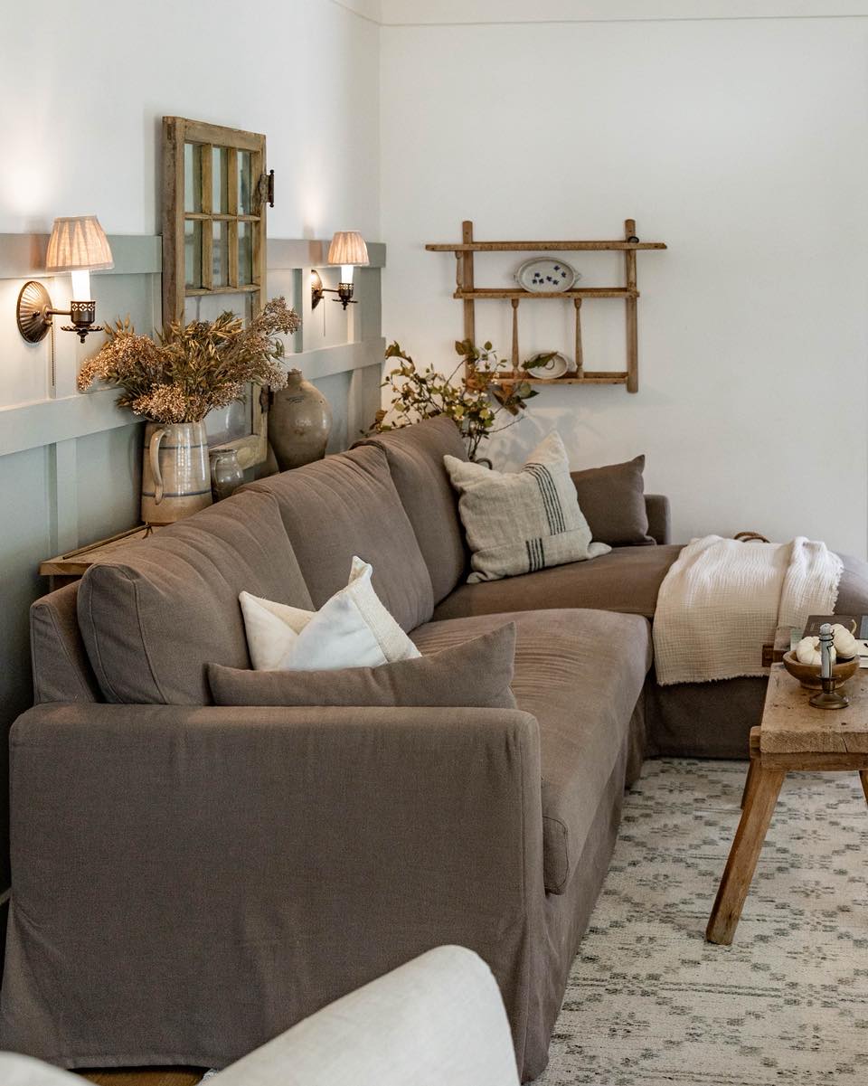 11. Set a Narrow Wood Shelf Behind the Sofa