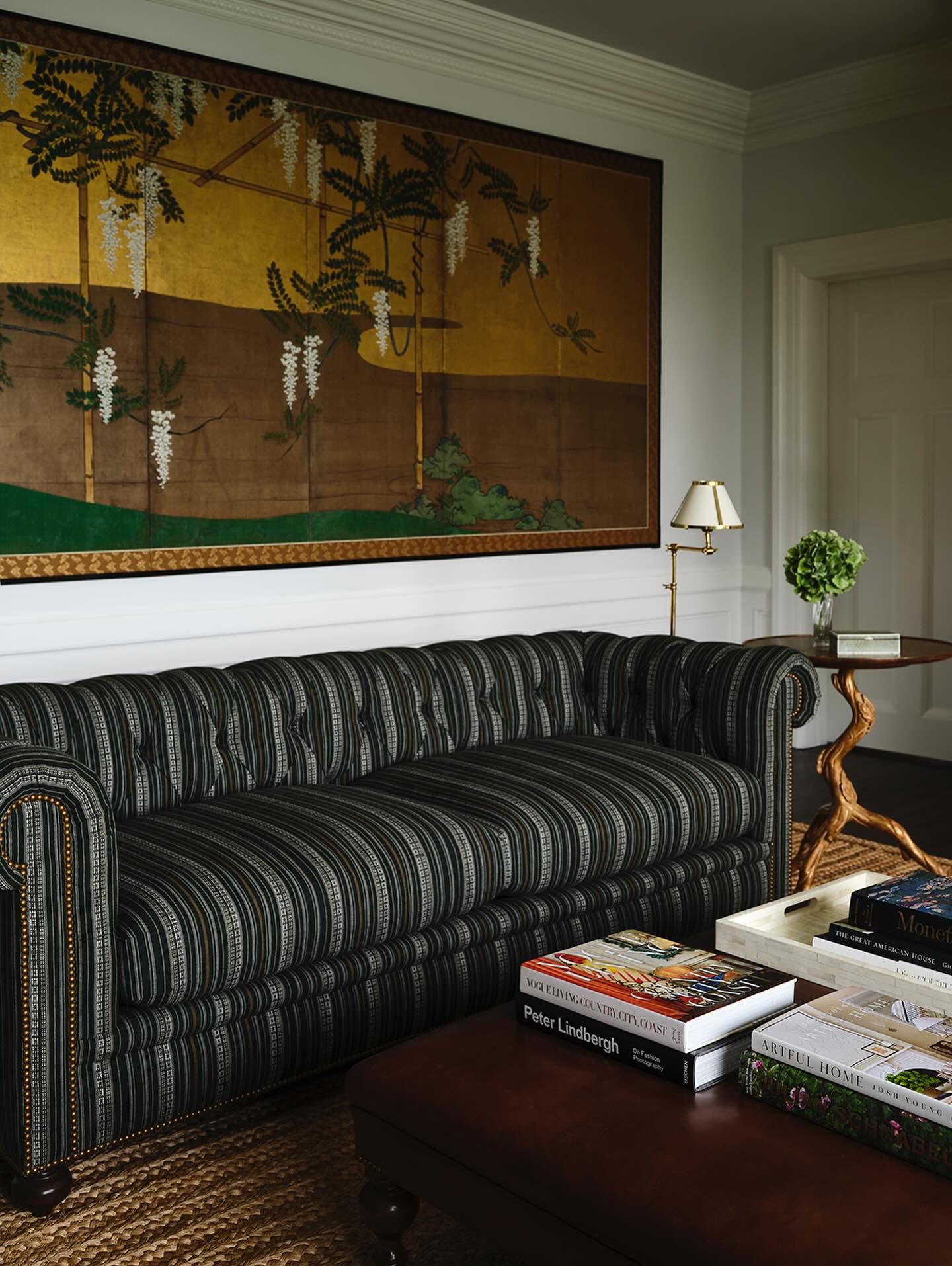 5. Choose a Dark Green Striped Sofa