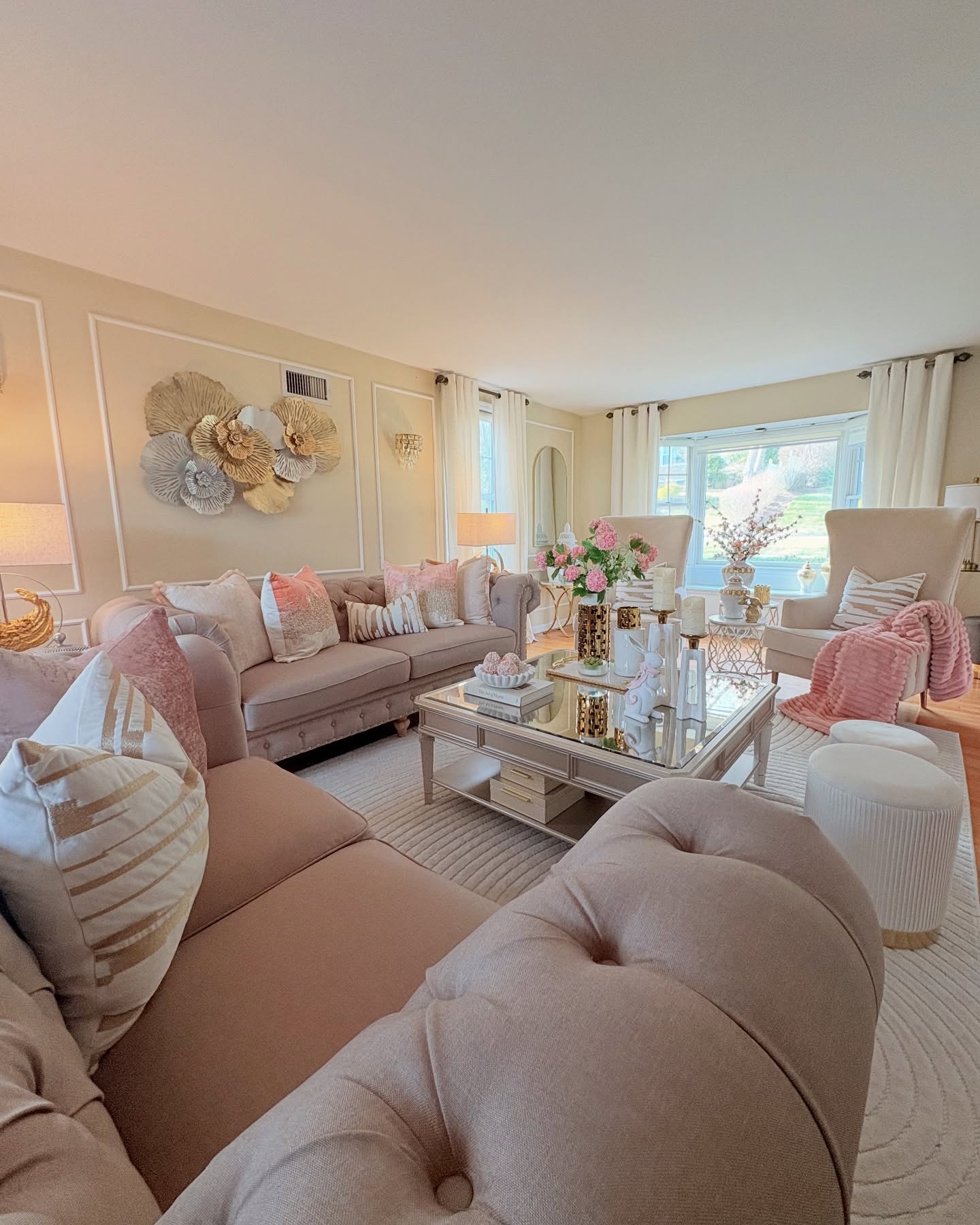 4. Blush Textiles with Polished Reflective Accents