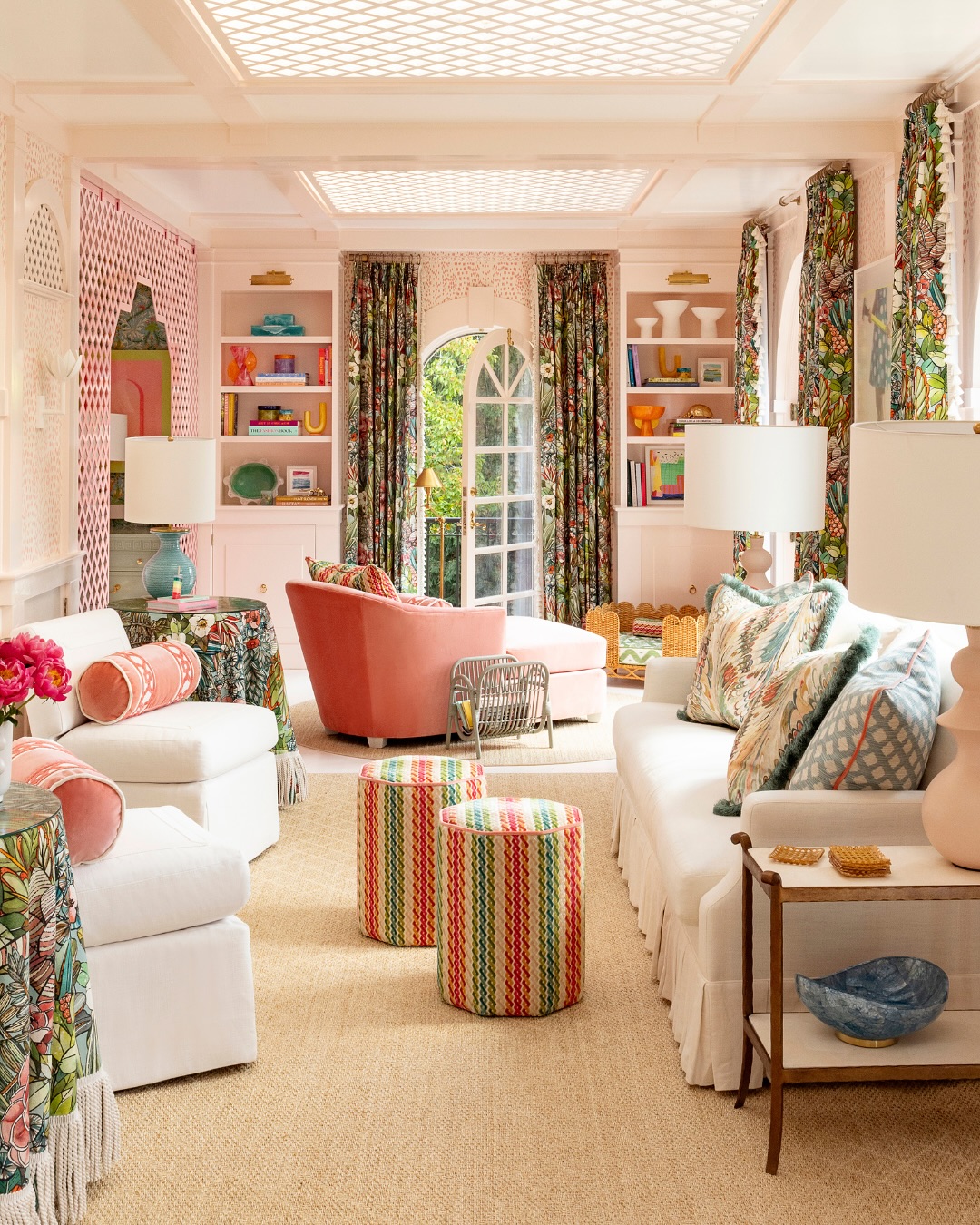 5. Pastel Seating Zones in a Long Room