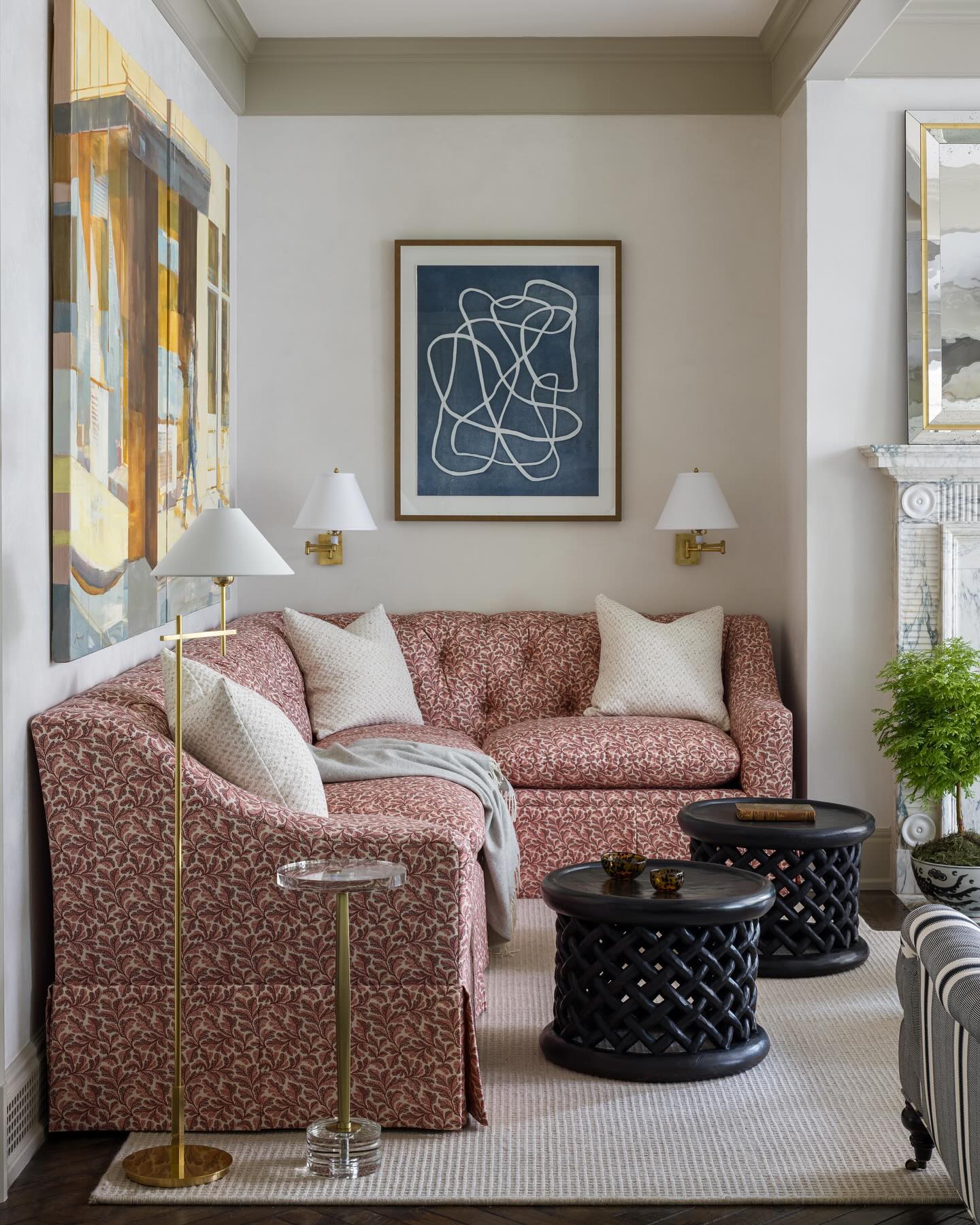 7. Small Floral Upholstery with Modern Artwork