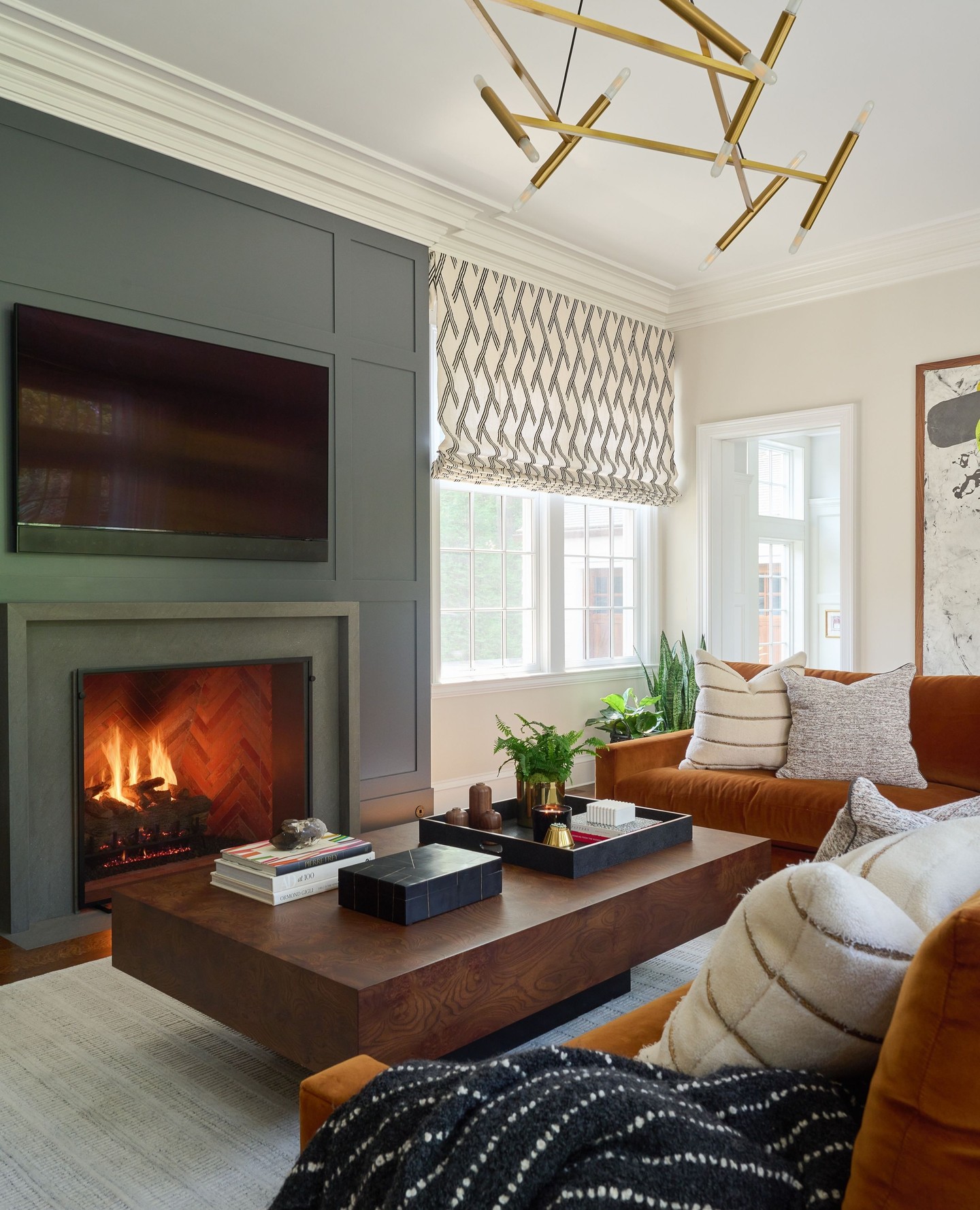 9. Frame the Fireplace in Green Beside Rust Seating