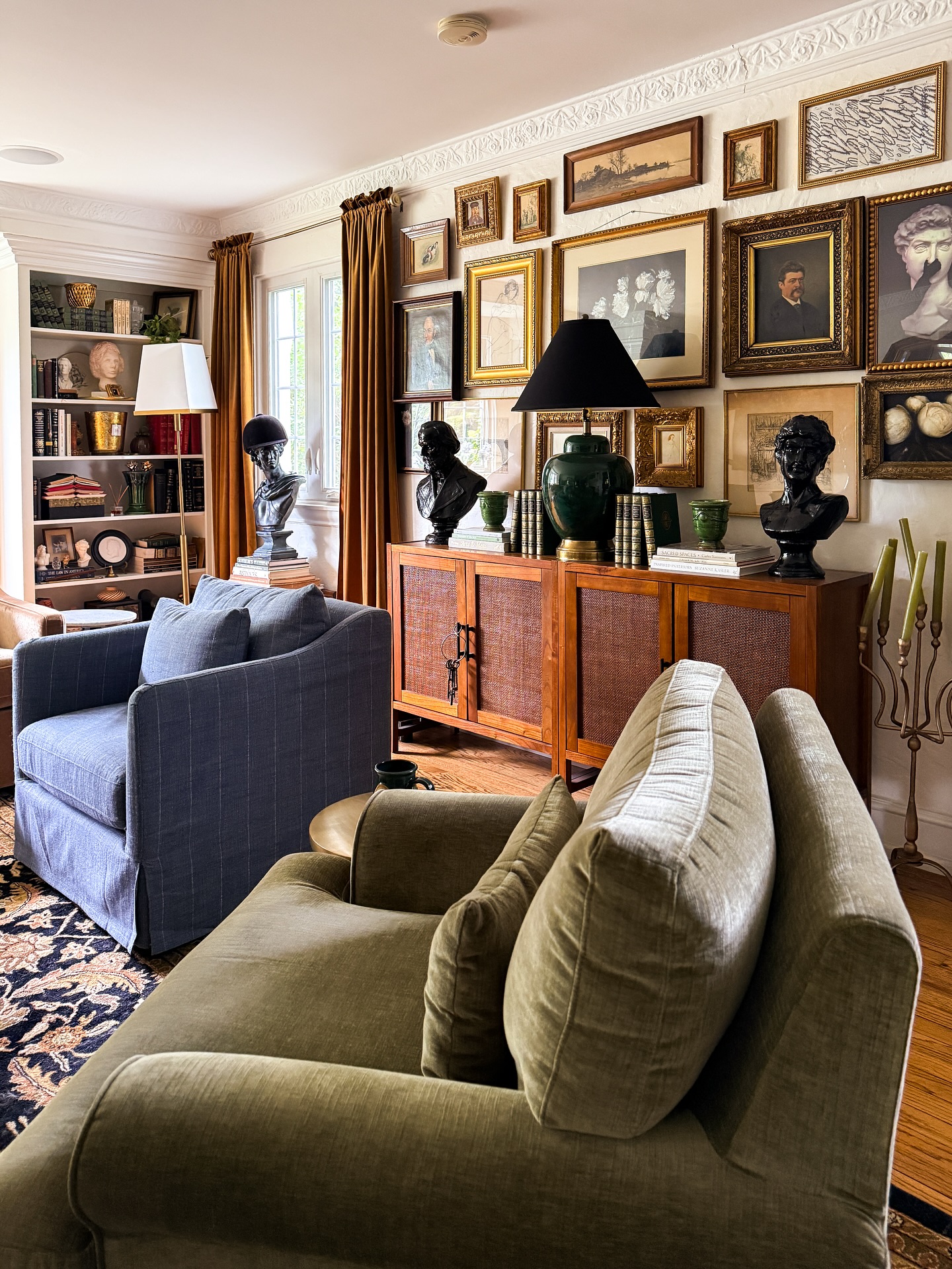 10. Connect Olive Seating With Burnt Orange Curtains