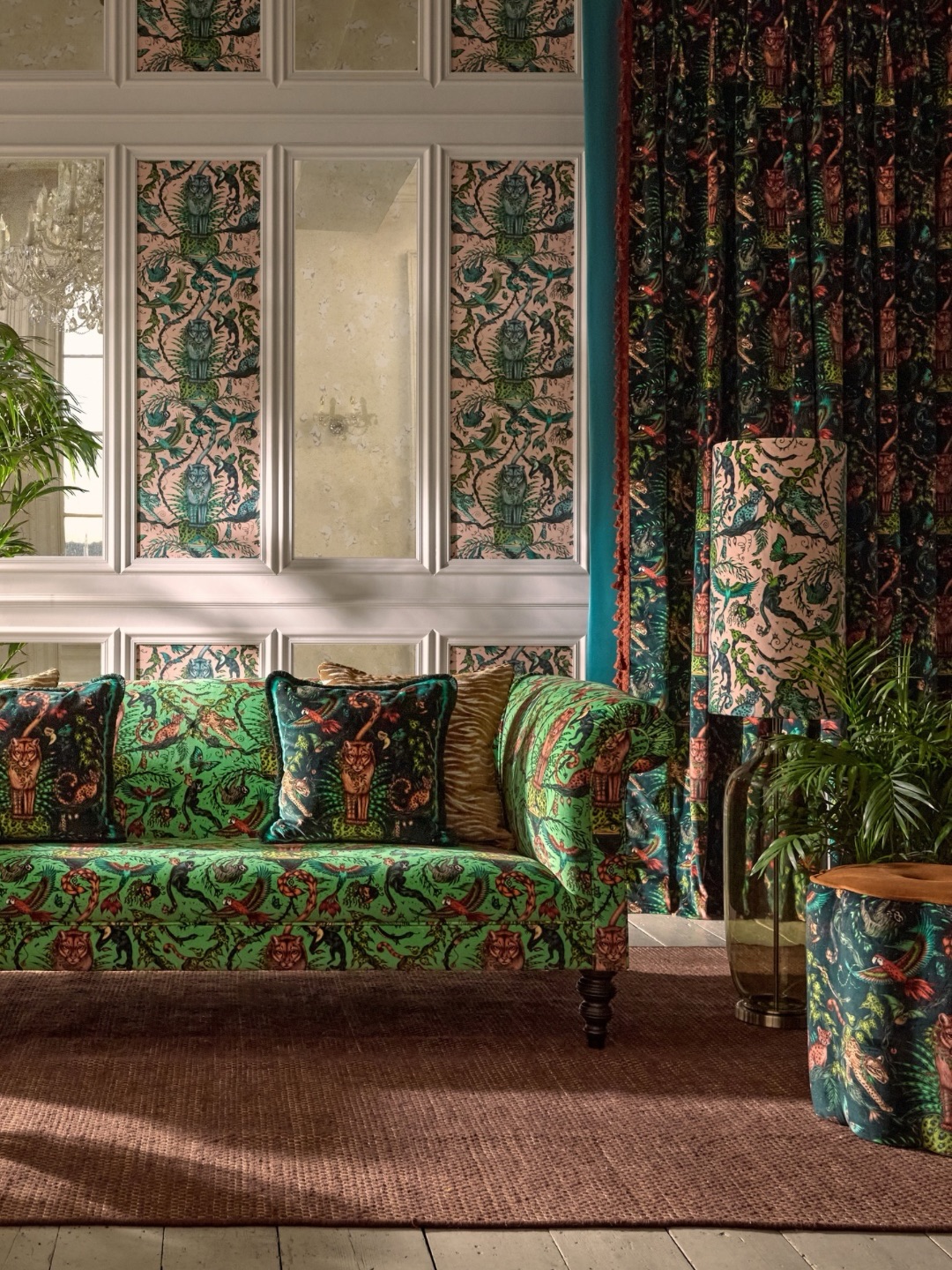 20. Repeat Orange Motifs Across Green Fabrics