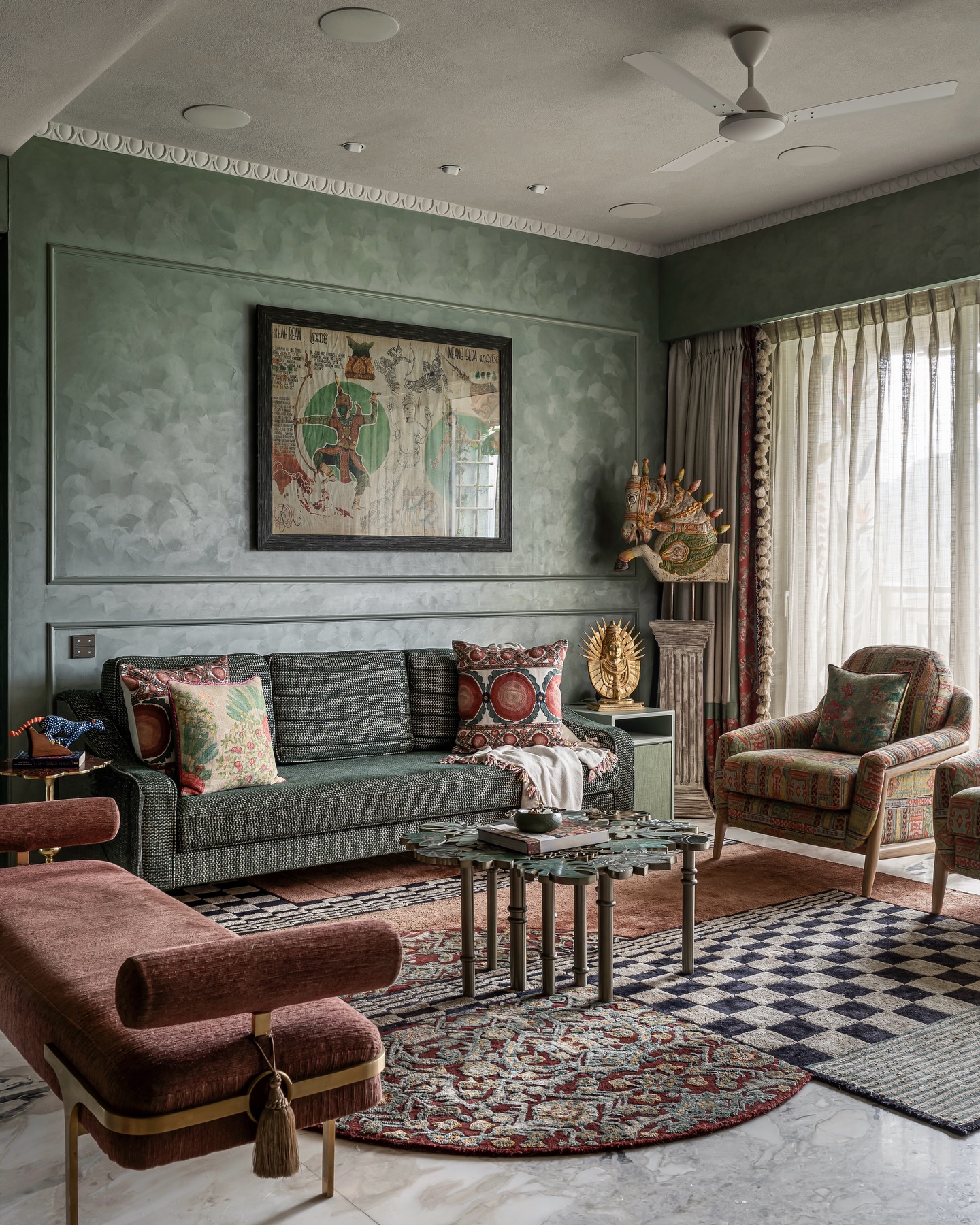 2. Layer Pattern Around a Textured Green Sofa