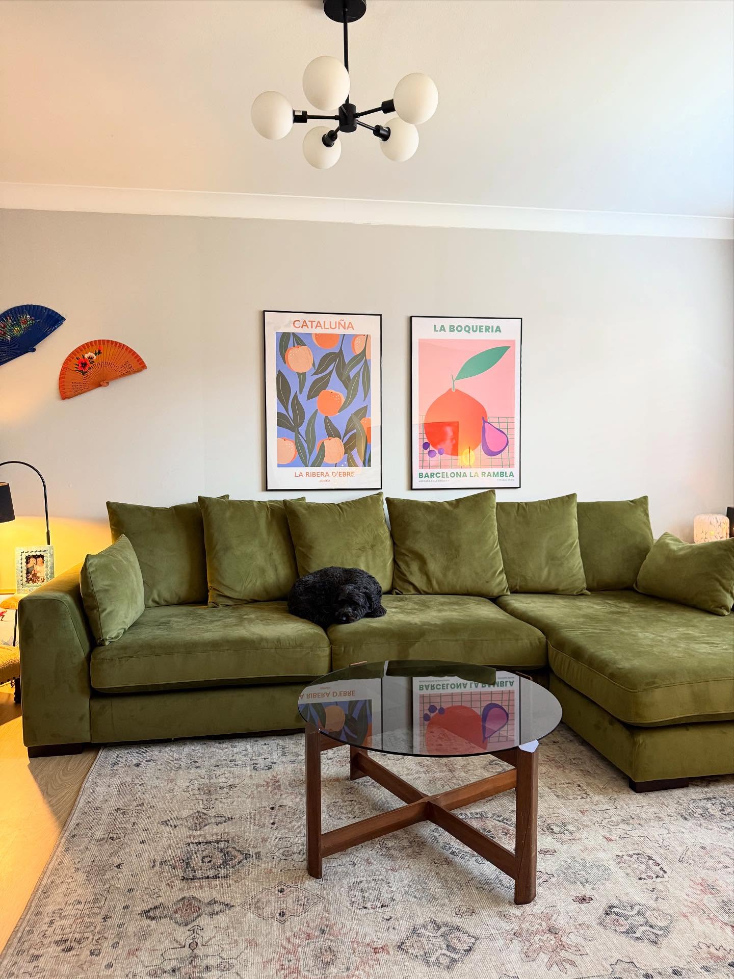 4. Pair an Olive Sectional With Cheerful Prints