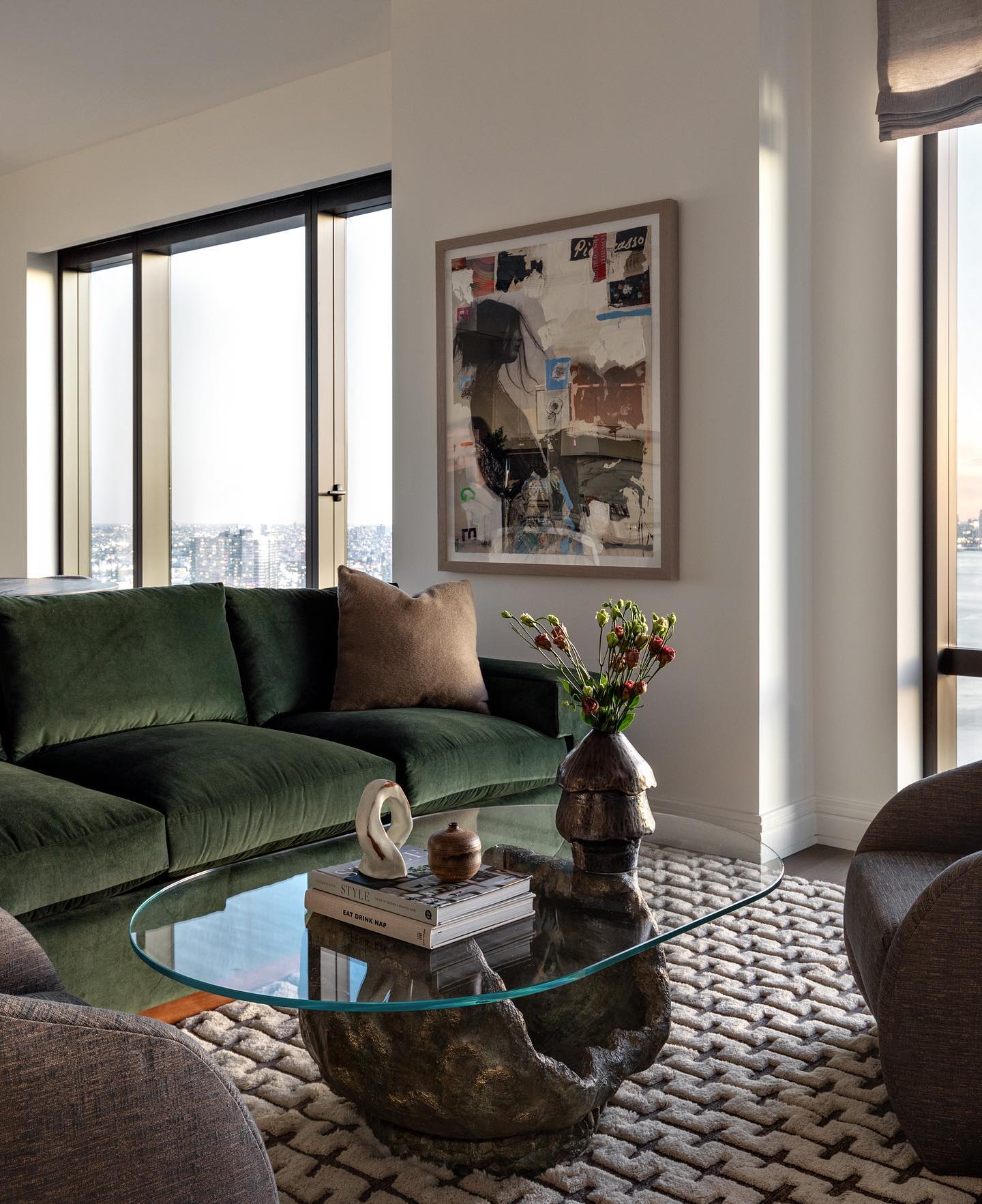 6. Balance Forest Velvet With Sculptural Tables