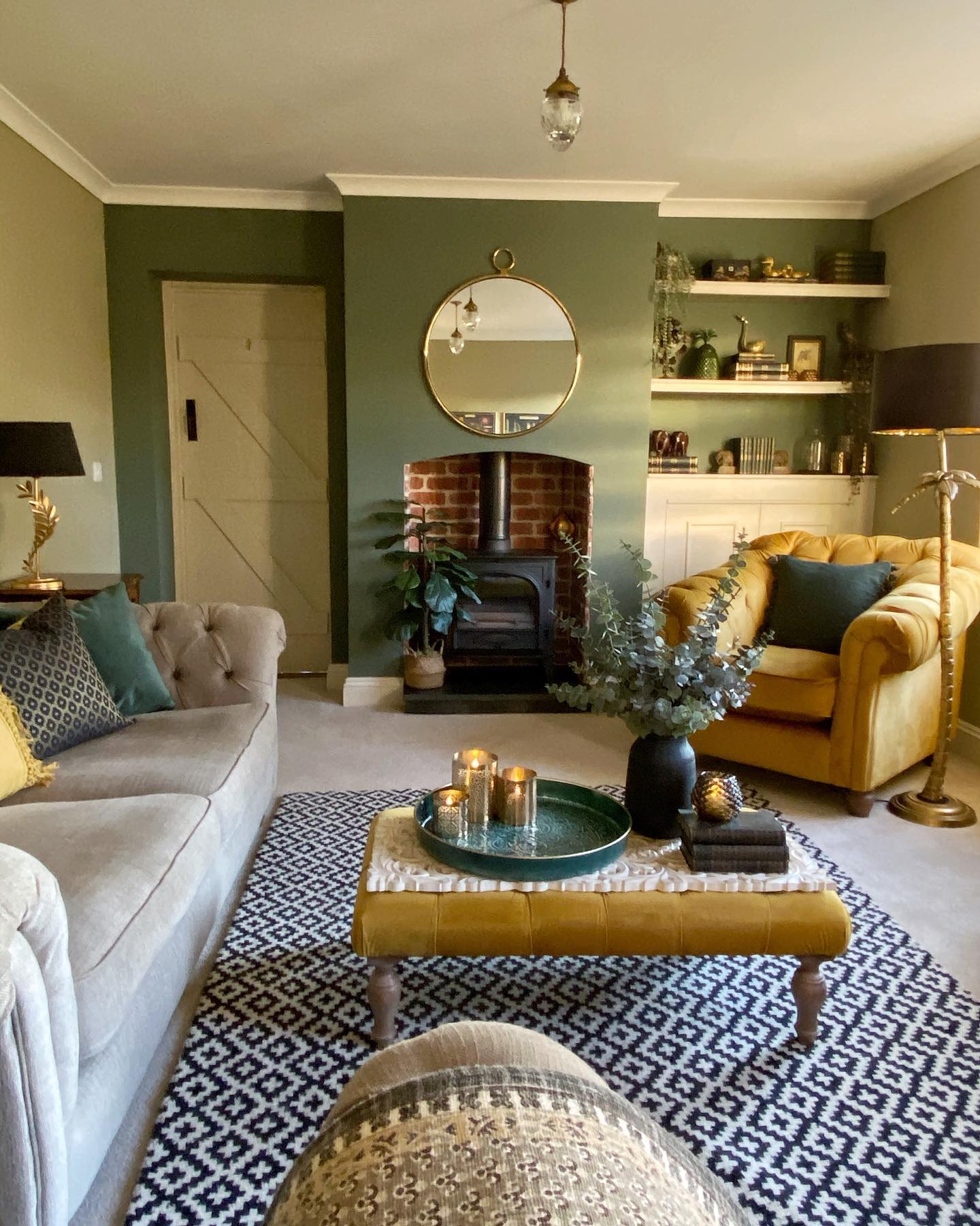 8. Warm Sage Walls With Mustard Seating