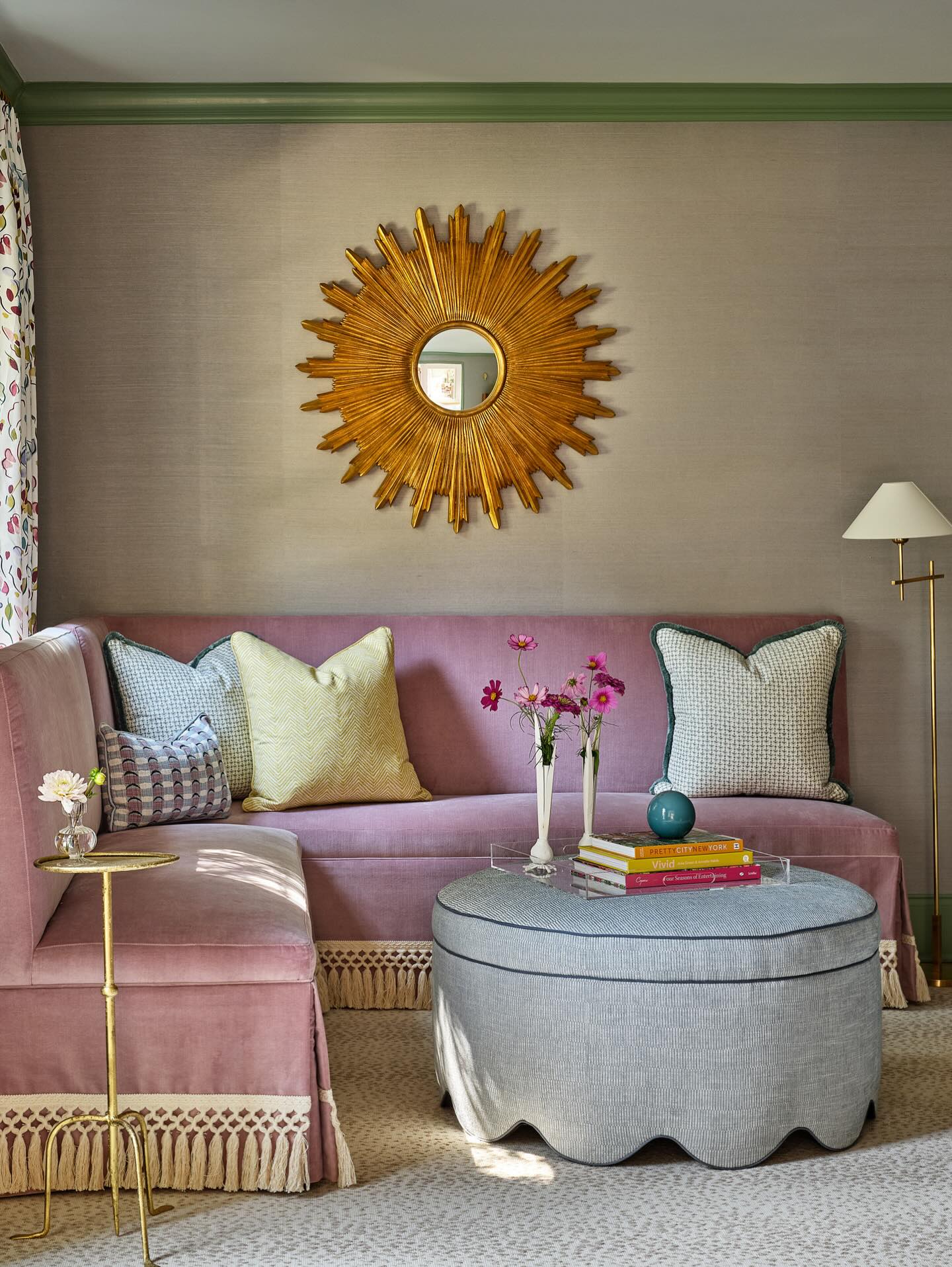 6. Pair a Fringed Pink Sofa With a Scalloped Ottoman