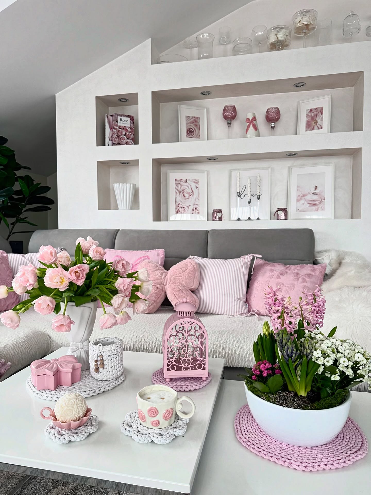 9. Repeat Pink Across Shelves, Pillows, and Flowers