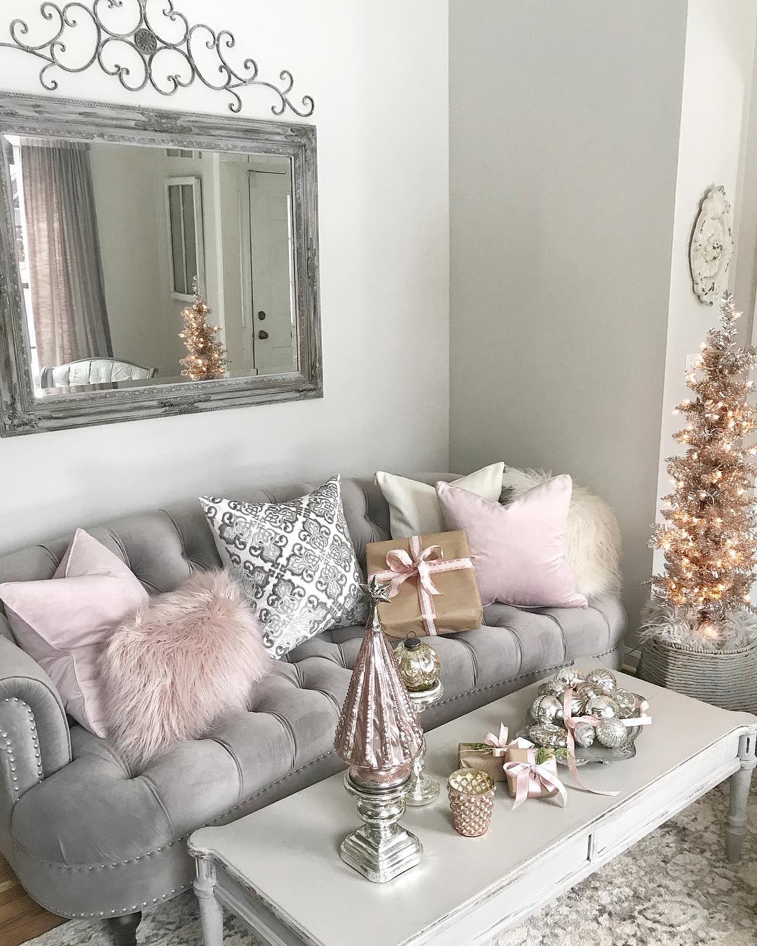 10. Give a Gray Sofa a Blush Holiday Update
