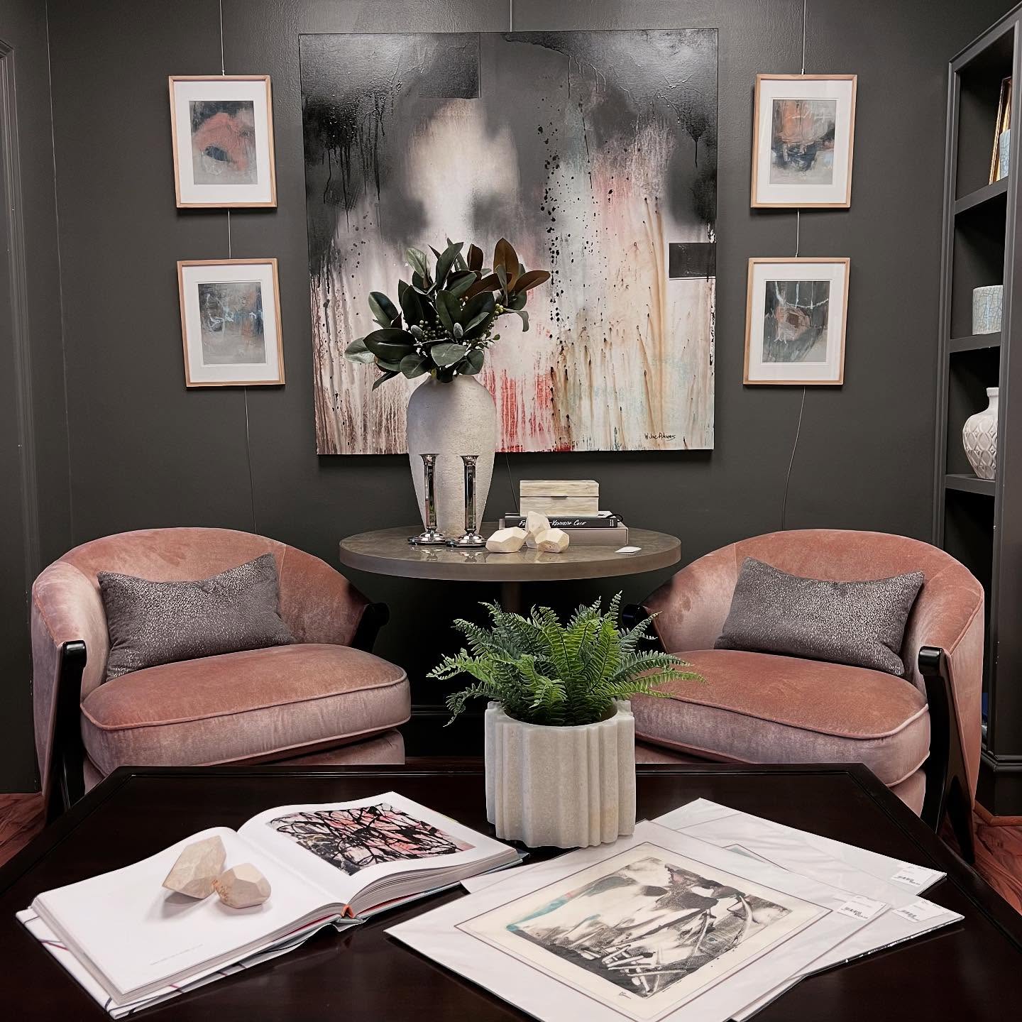 17. Frame a Pair of Pink Chairs With Charcoal Walls