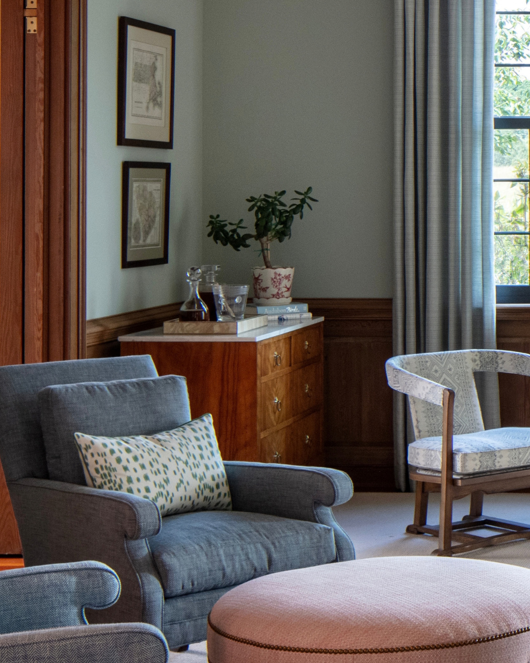 19. Pair Gray Armchairs With a Pink Ottoman