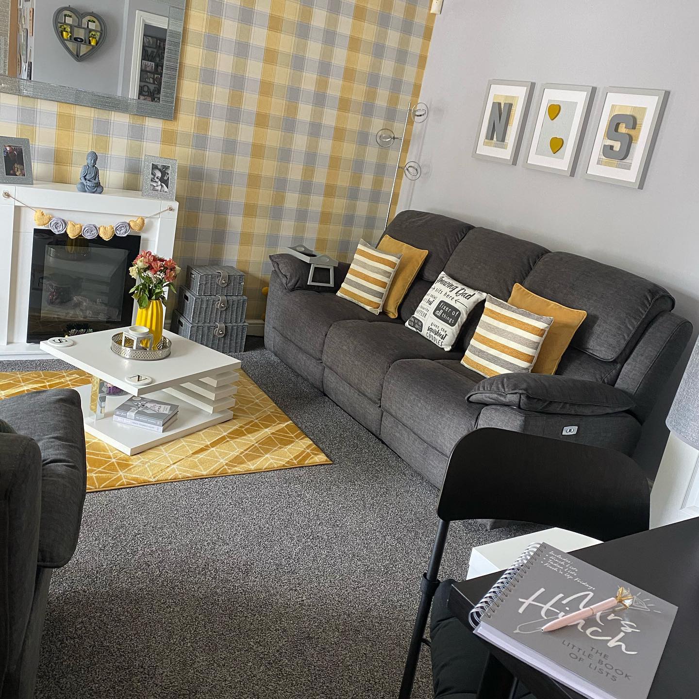 5. A Gray and Yellow Plaid Feature Wall