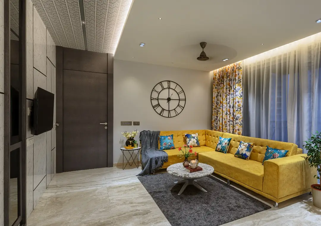 6. A Yellow Sectional Grounded With Gray